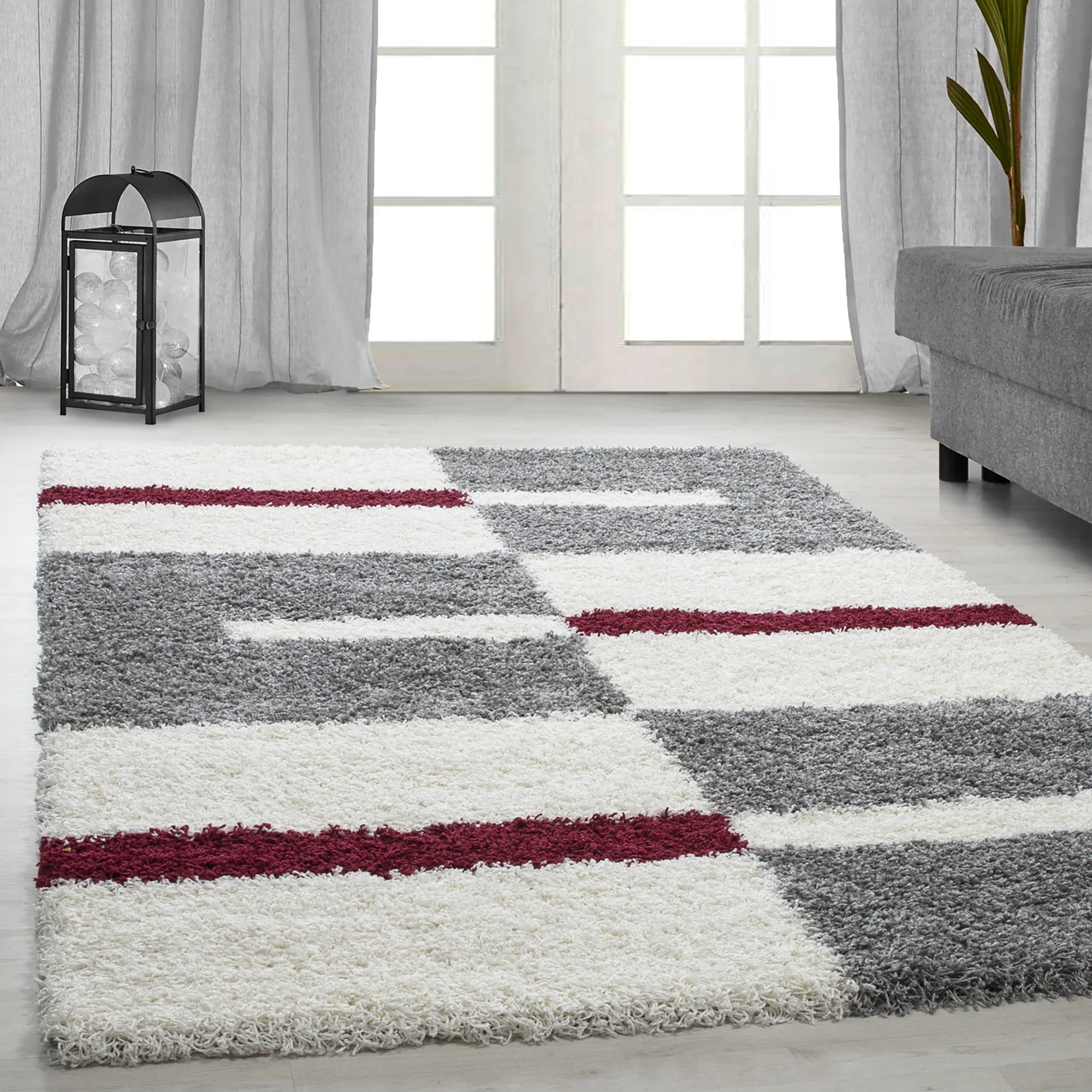Checkered Plaid Block Shag Rug | Red