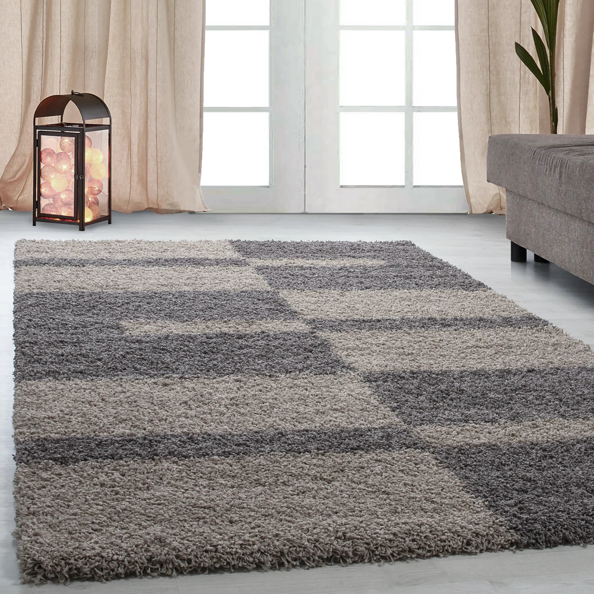 Karierter Block Shag Teppich | Taupe