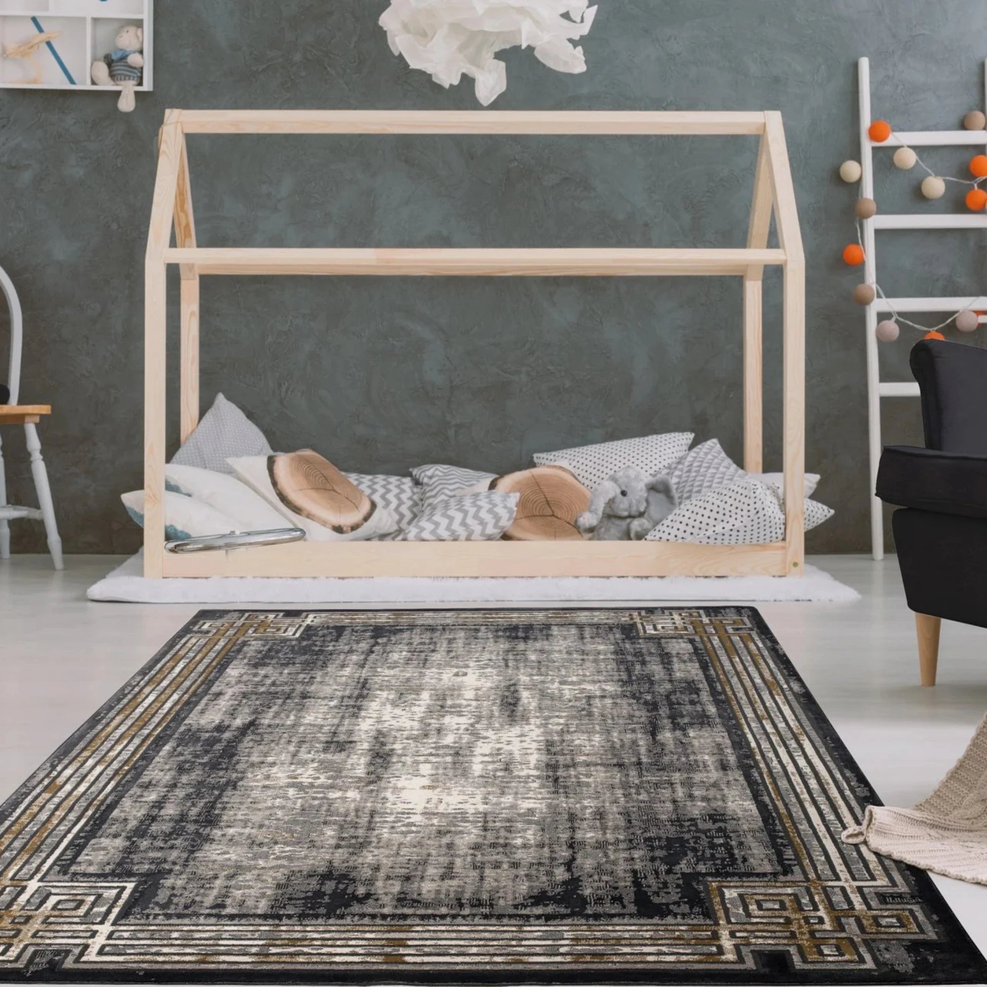 Modern Greco Border Charcoal Rug