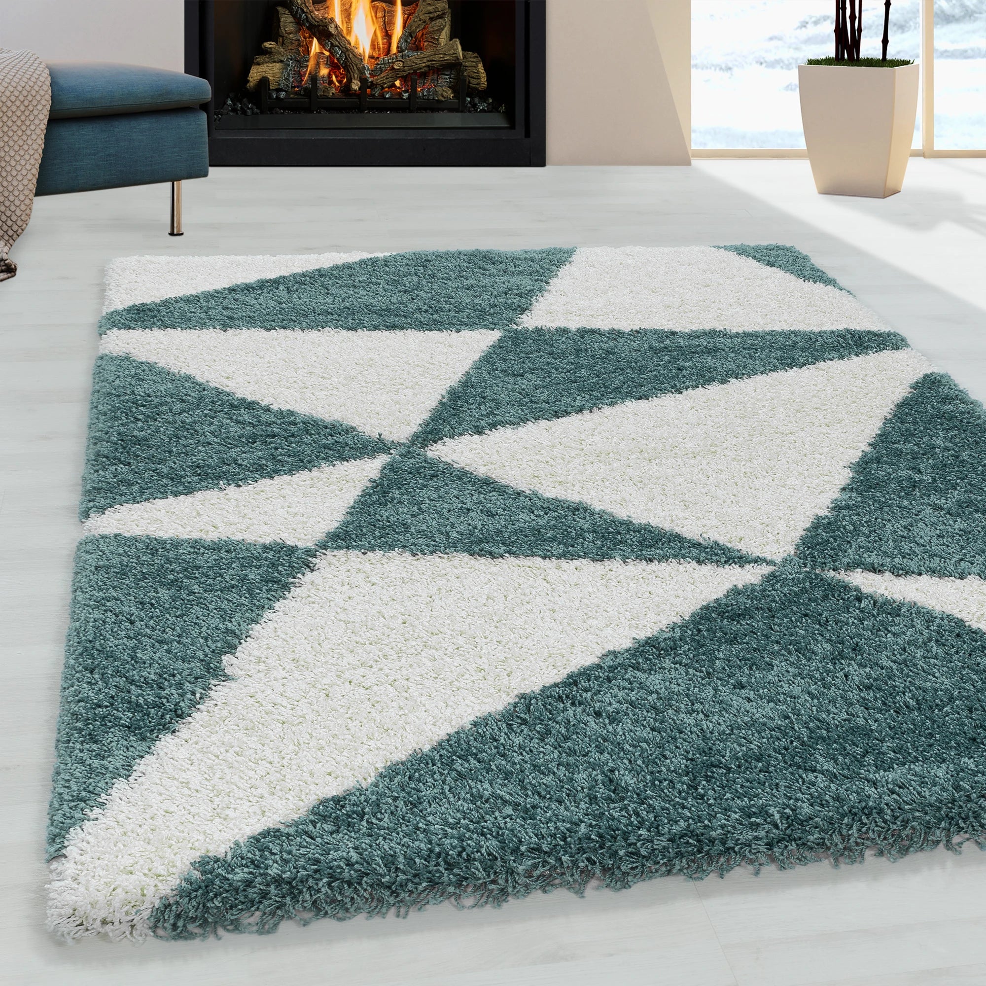 Modern Teal Triangle Shag Rug | Blue
