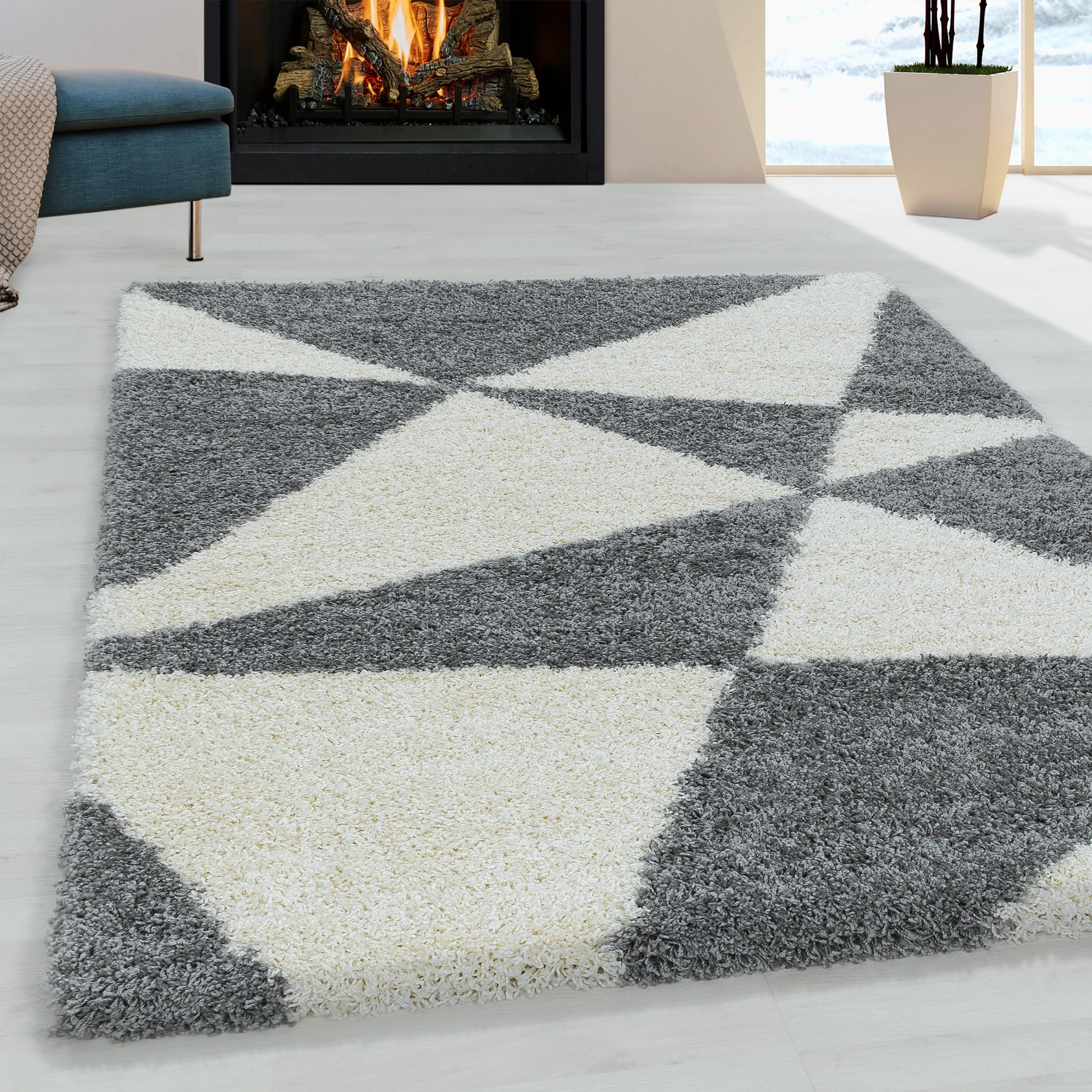 Modern Teal Triangle Shag Rug | Gray
