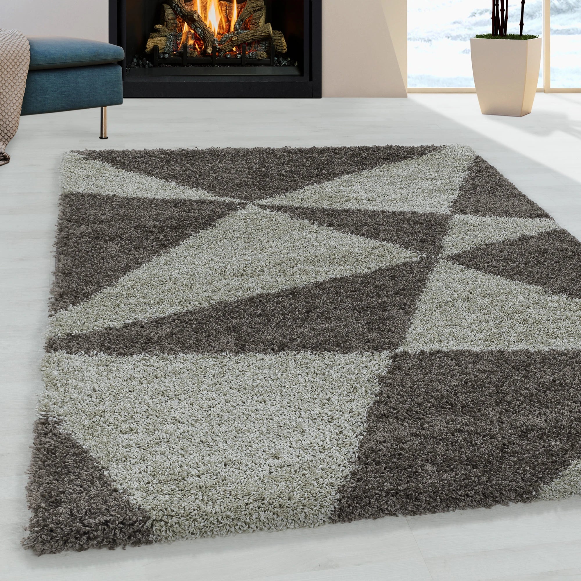 Modern Teal Triangle Shag Rug | Taupe