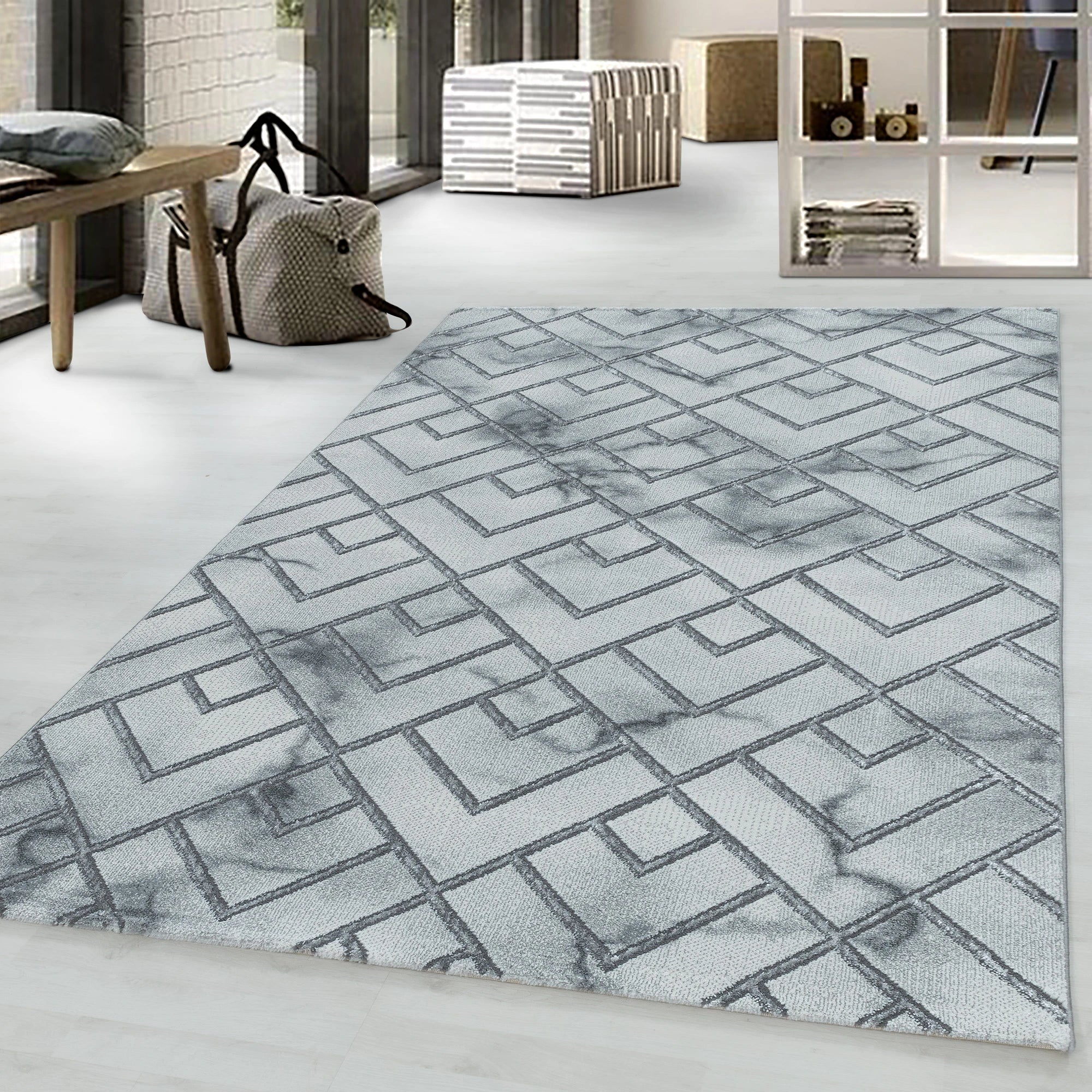 Marble Neutral Floor Rug Silver