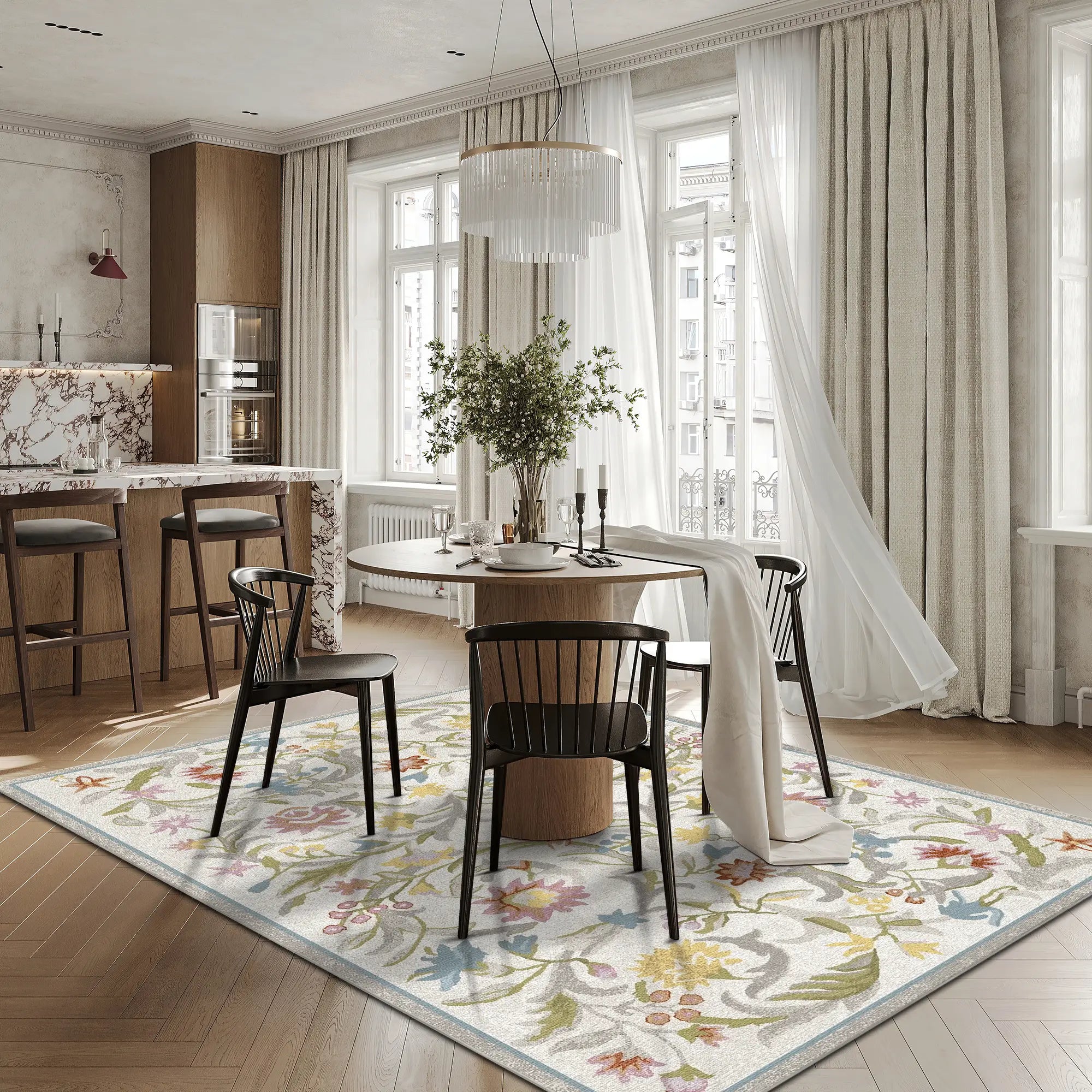 Klassischer Pastell Blumen Rankenteppich