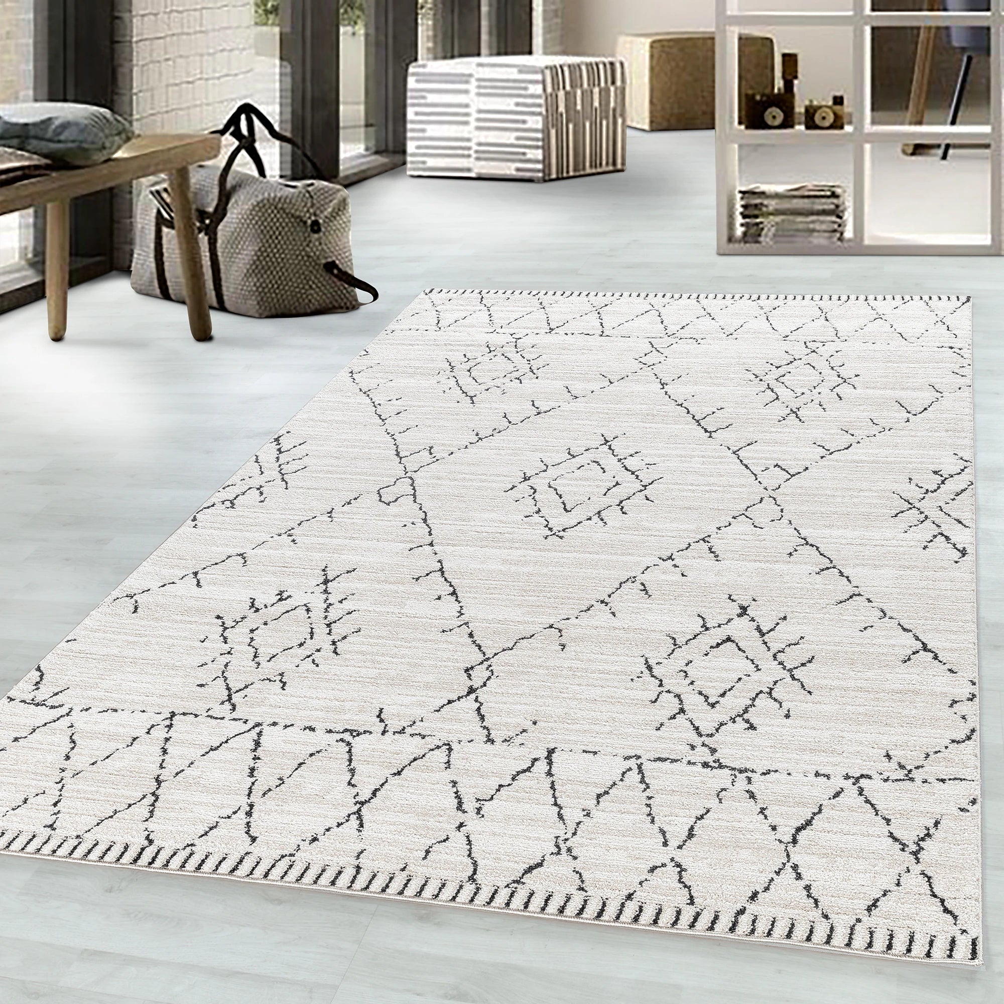 Boho Berber Style Geometric Lattice Rug | Cream