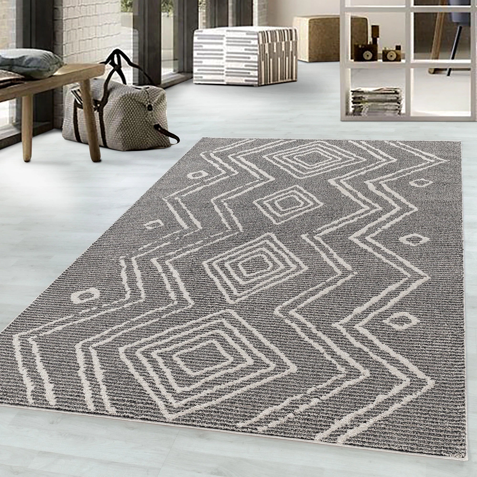 Tribal Zigzag Textured High-Low Area Rug | Black