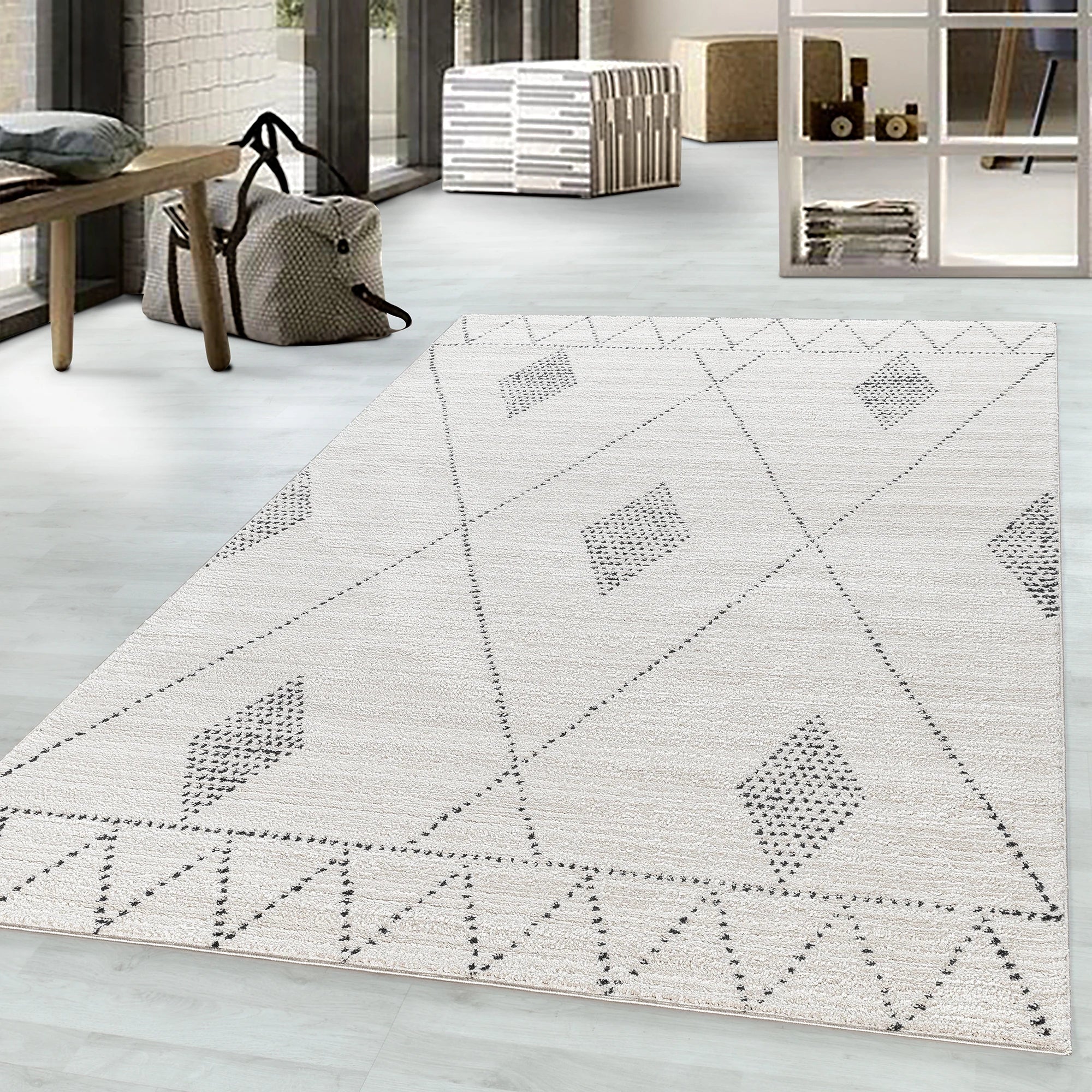 Bohemian Dotted Diamond Pattern Rug | Cream