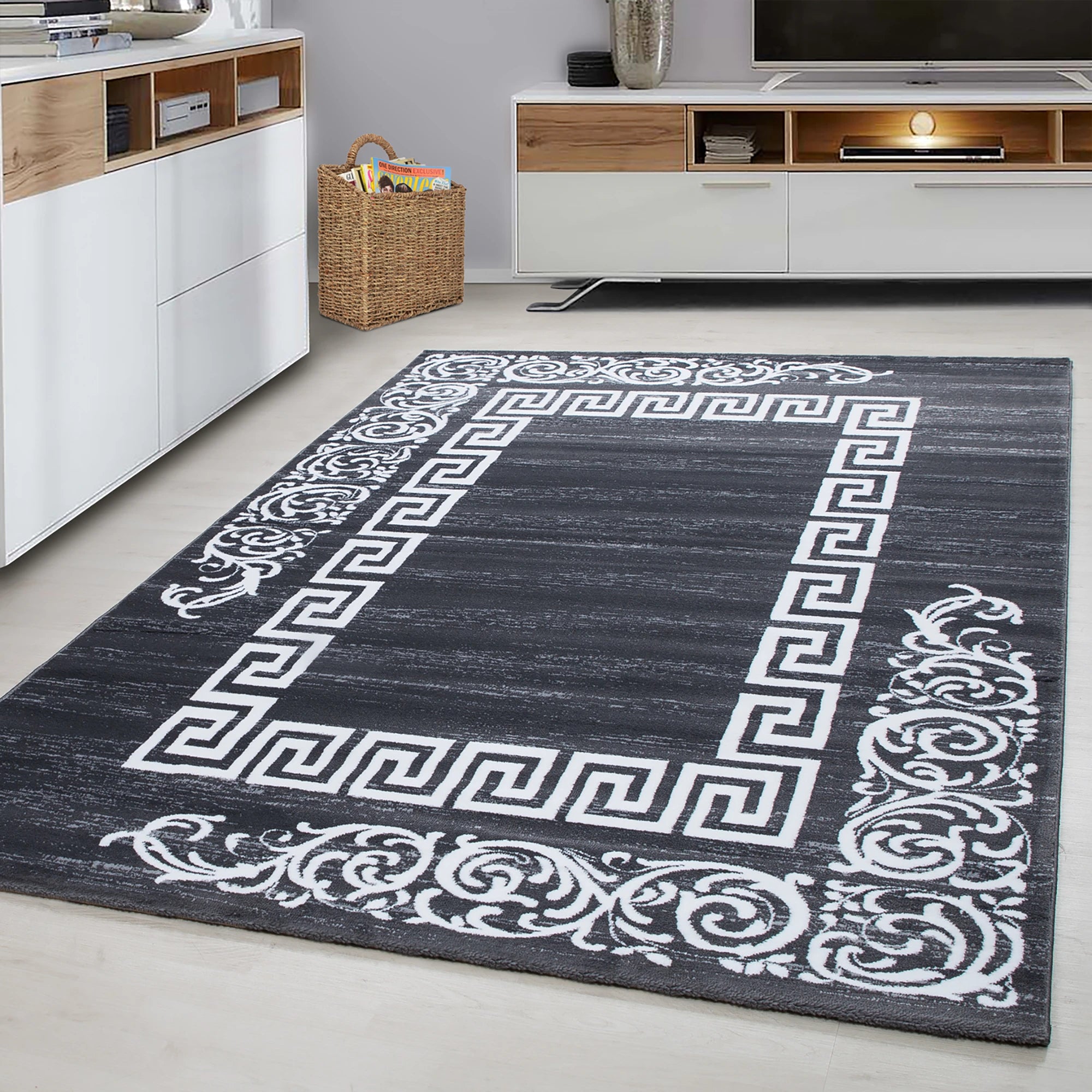 Teppich mit Mäandermuster in Grau