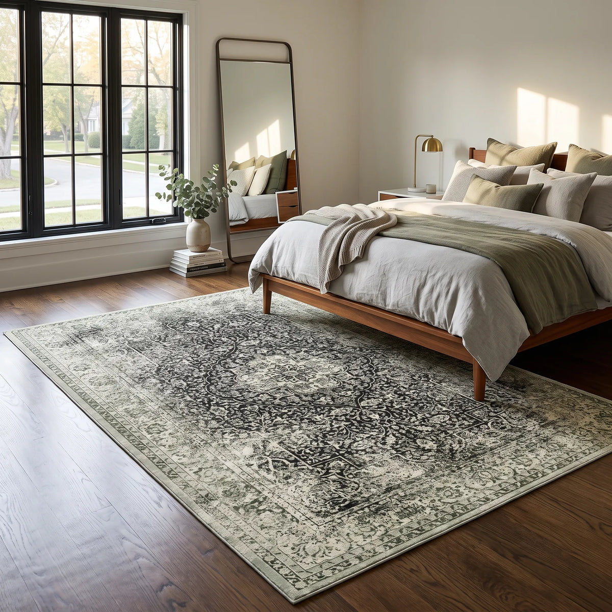 Ein großer rechteckiger Teppich mit einem kunstvollen, abgenutzt wirkenden Medaillonmuster in Creme, Beige und Anthrazitgrau liegt auf einem dunklen Holzboden in einem hellen, modernen Schlafzimmer mit einem Holzbett und einem hohen Spiegel.