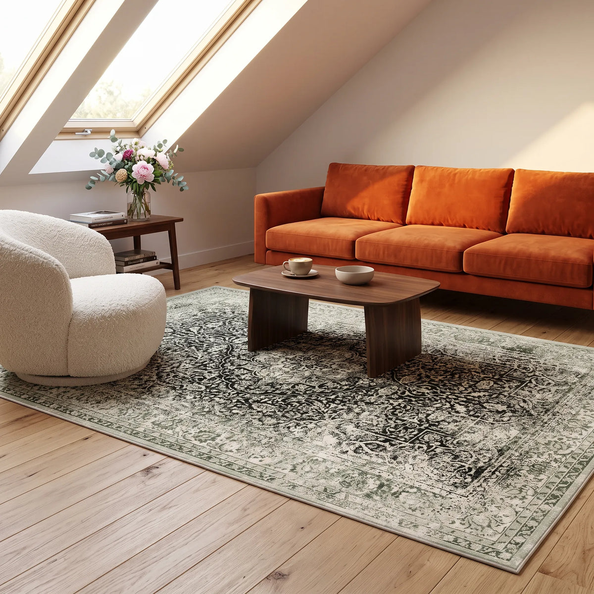 Ein großer, im Used-Look gestalteter grüner Teppich mit einem verblassten traditionellen Muster in Grün und Beige, in einem hellen Wohnzimmer im Dachgeschoss mit einem Couchtisch aus Holz, einem orangefarbenen Sofa und einem cremefarbenen Bouclé-Sessel.