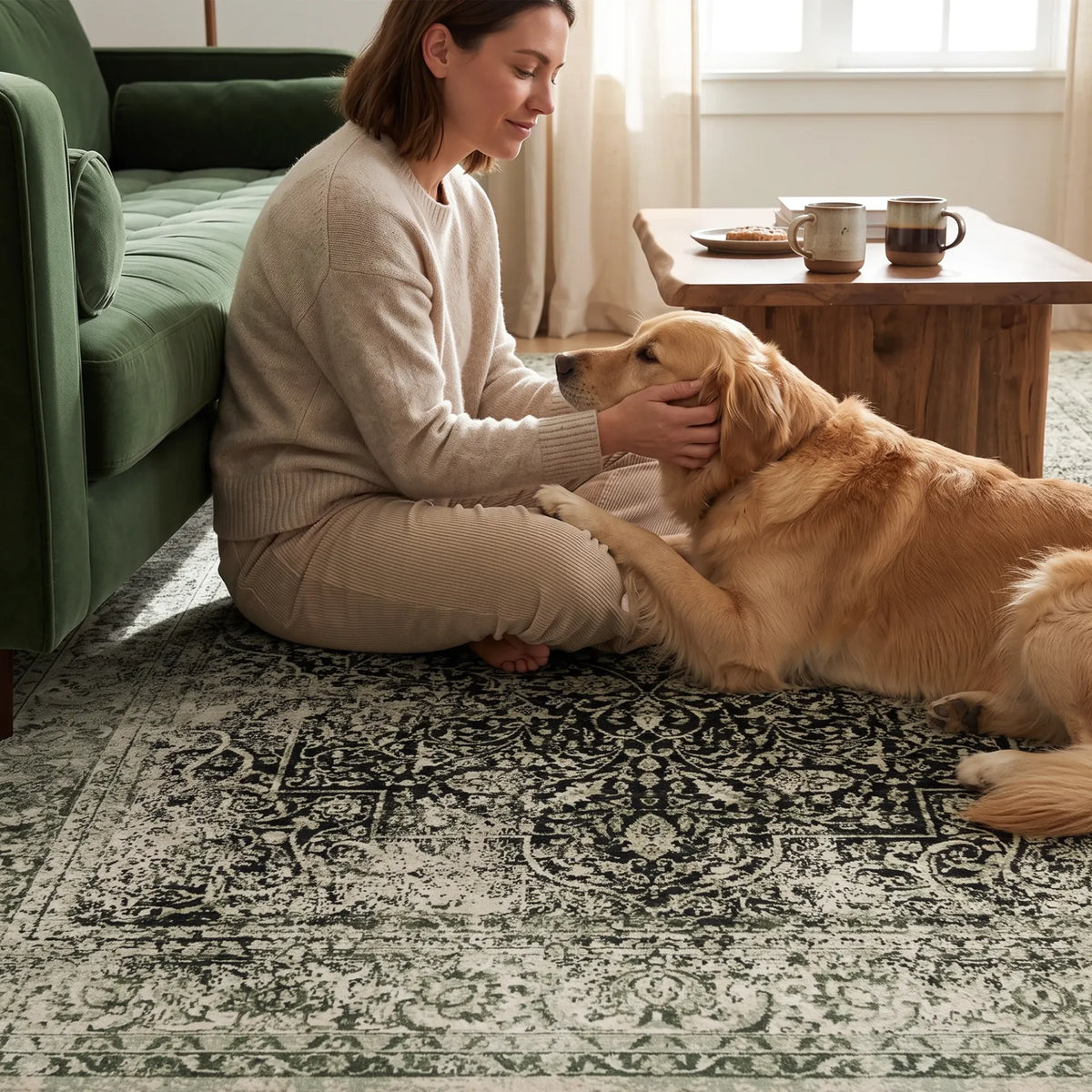 Eine Frau sitzt mit ihrem goldfarbenen Hund auf einem grau-schwarzen Teppich im Wohnzimmer. Es gibt ein grünes Sofa und einen Couchtisch aus Holz. Der Golden Retriever spielt auf einem grünen Teppich.