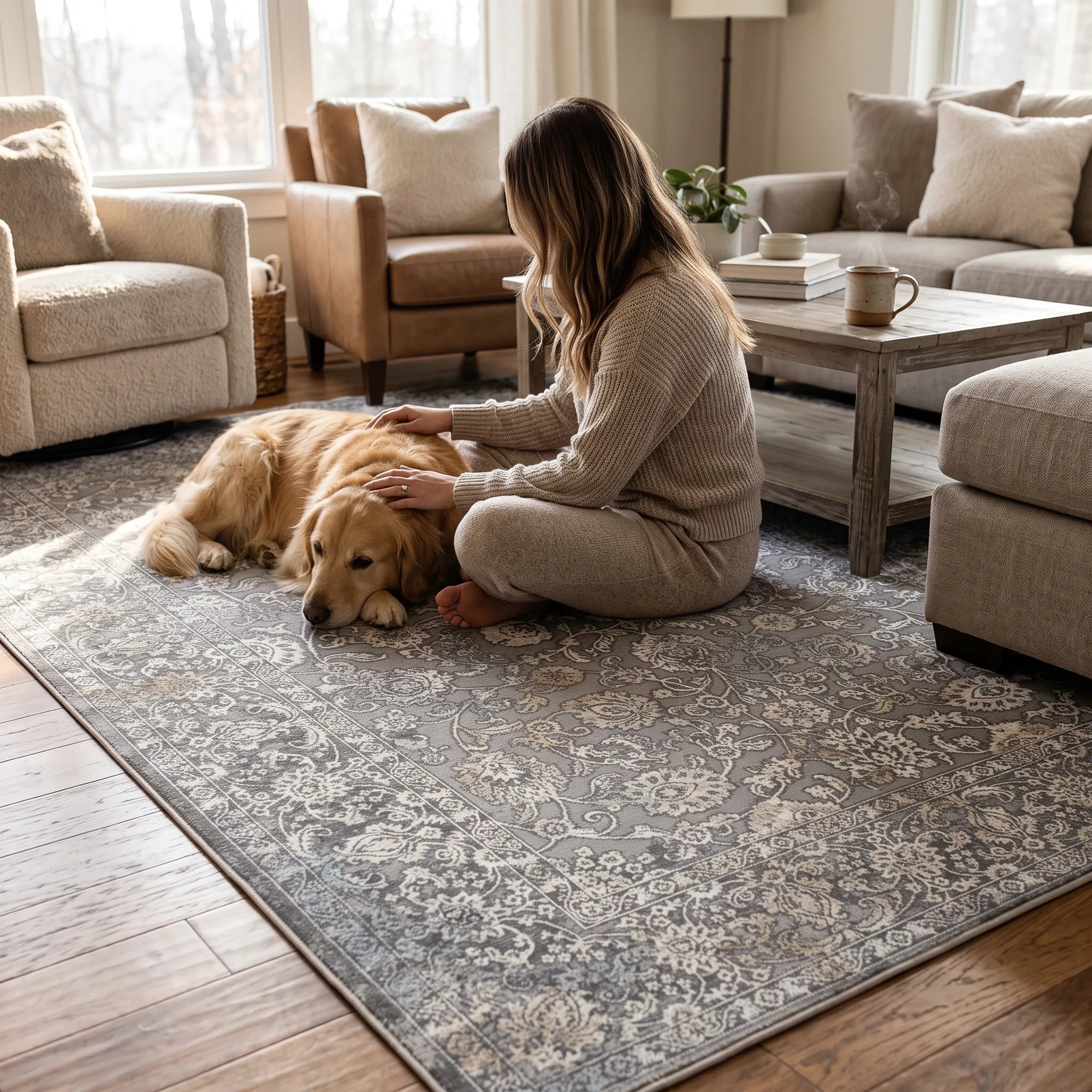 A stylish gray rug in a living room and a woman sitting on the gray rug with her golden dog. There is couch and armchairs with a wooden coffee table.