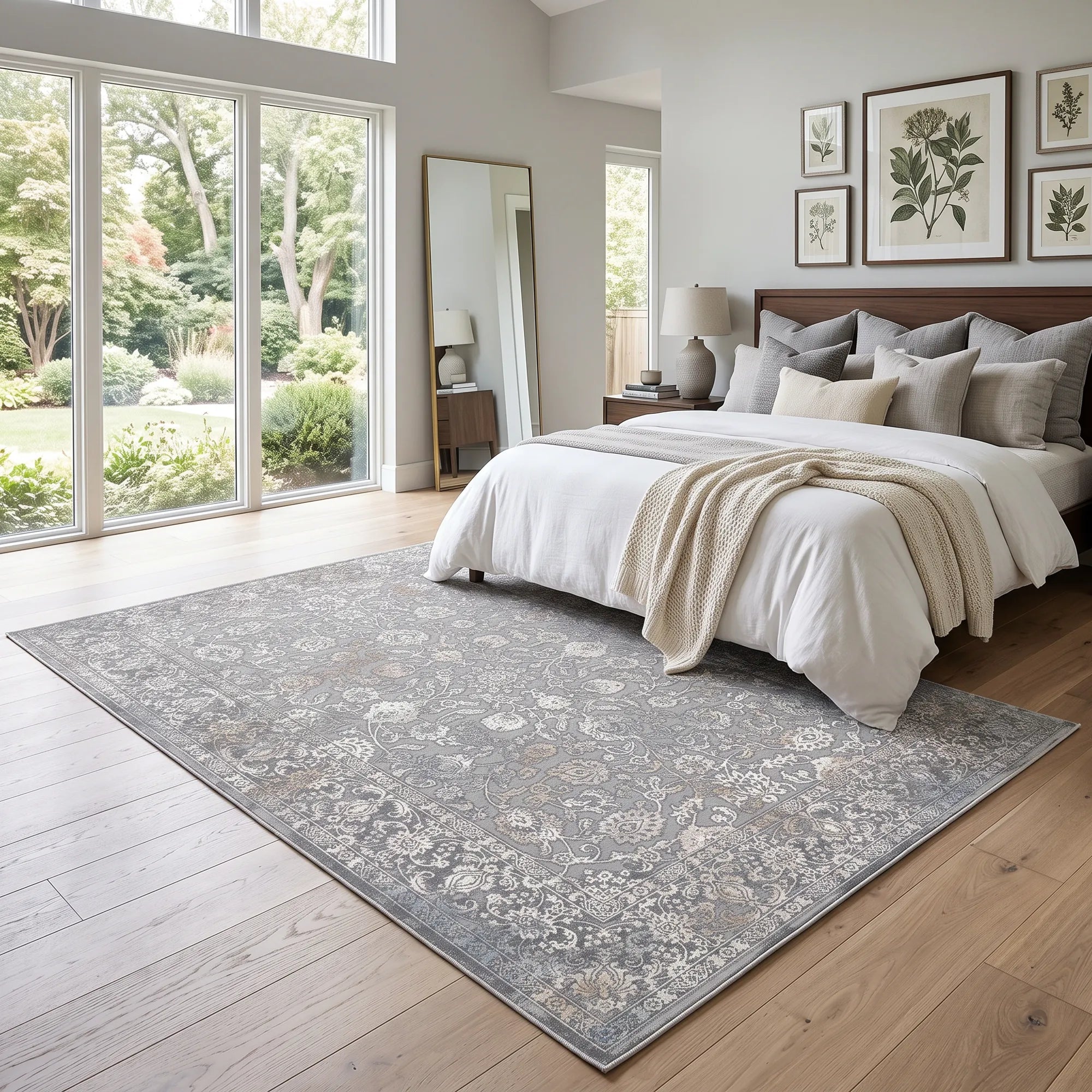 A large rectangular area rug with an intricate distressed floral pattern in shades of gray, beige, and white, styled on a light wood floor in a modern bedroom setting.