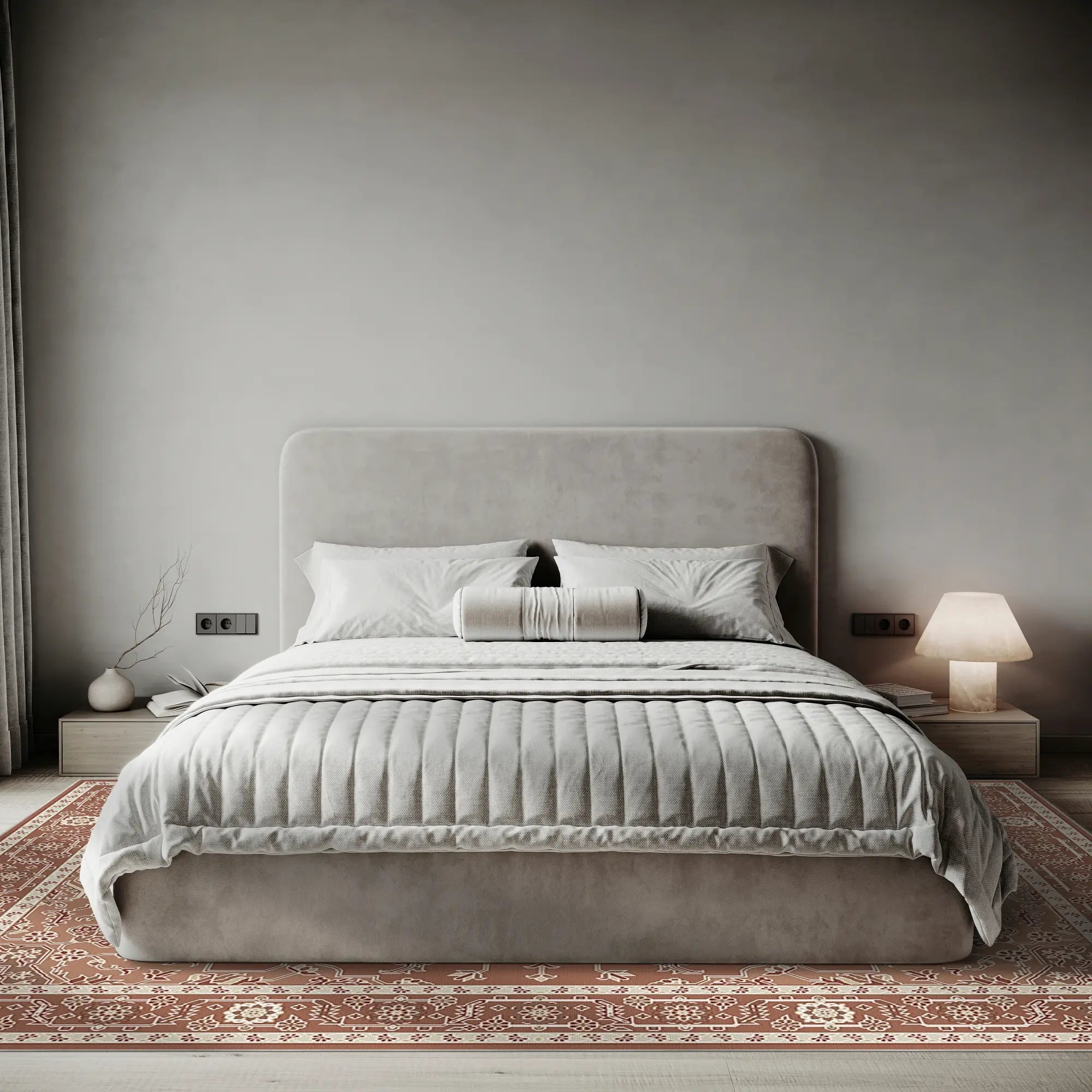 Terrakotta- und elfenbeinfarbener Teppich mit Blumen- und geometrischen Mustern unter dem Bett im Schlafzimmer