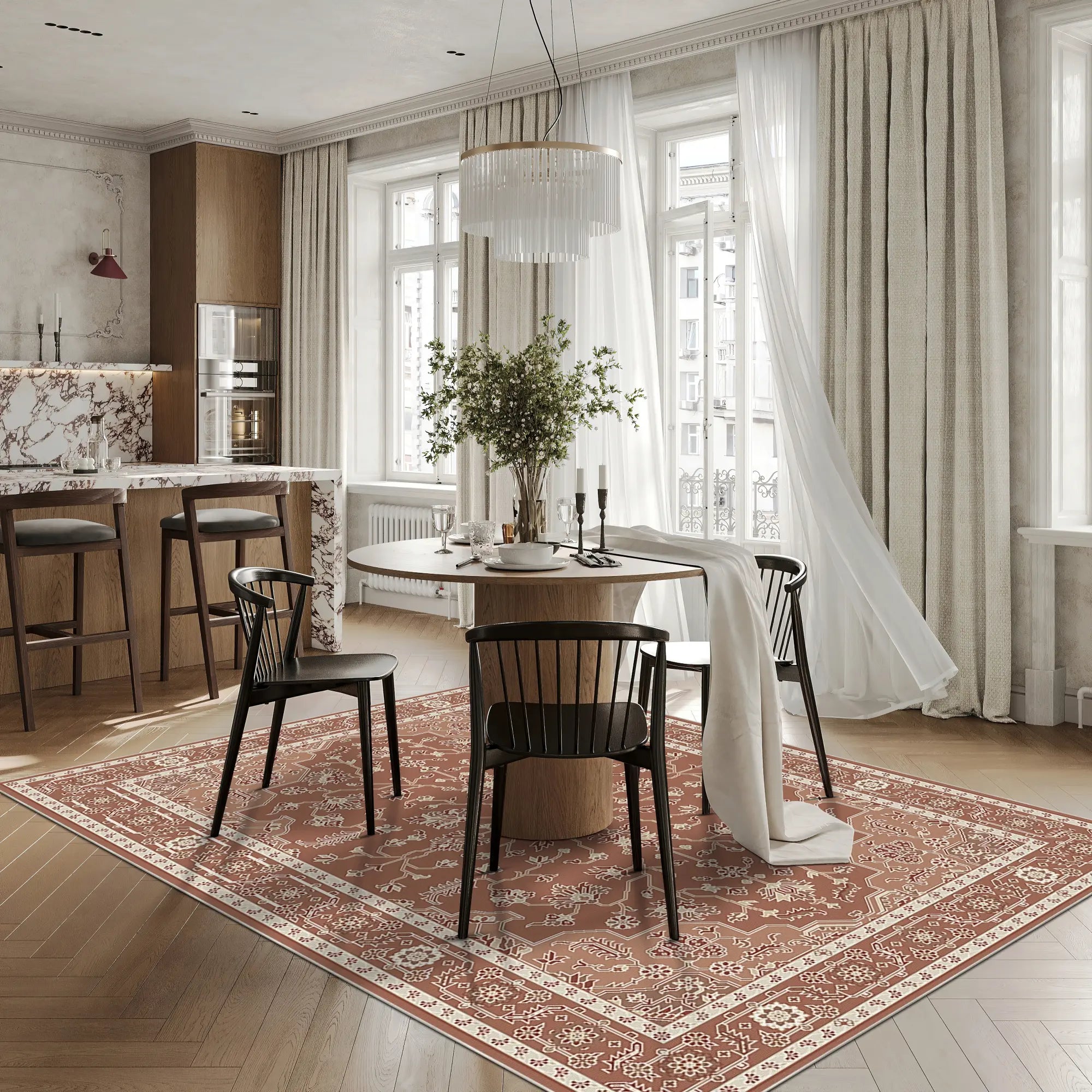 Terrakotta- und Elfenbein-Teppich mit geometrischen und floralen Mustern im Esszimmer