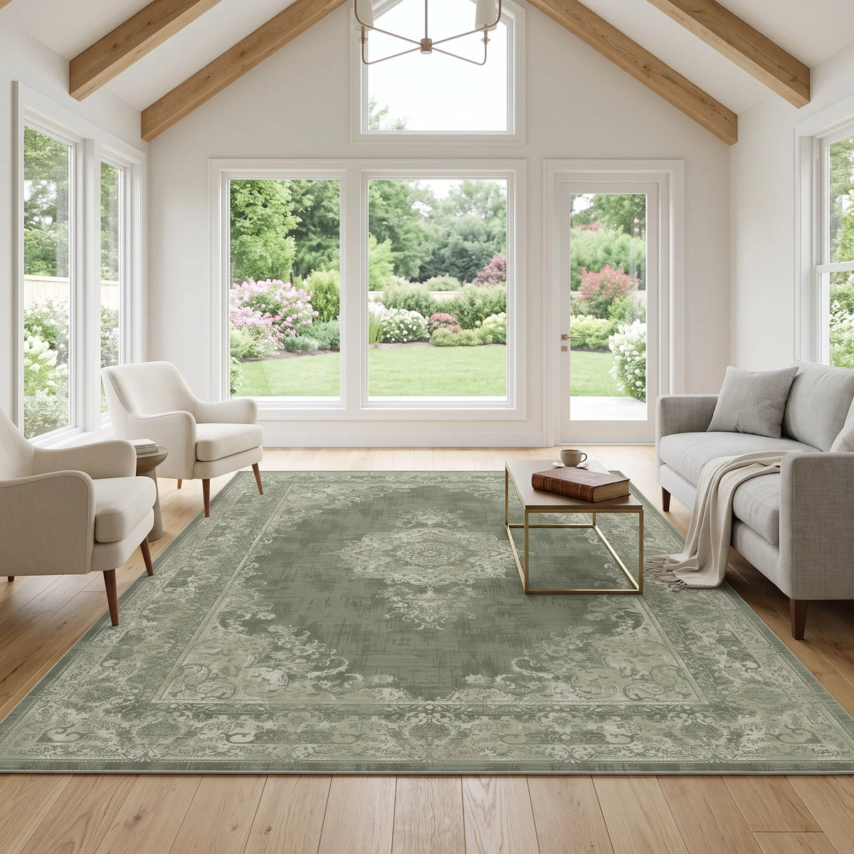 Ein großer rechteckiger Teppich mit einem traditionellen Medaillonmuster in verwittertem Salbeigrün und Creme, arrangiert in einem hellen, modernen Wohnzimmer mit einem grauen Sofa, weißen Sesseln und einem Couchtisch aus Holz.