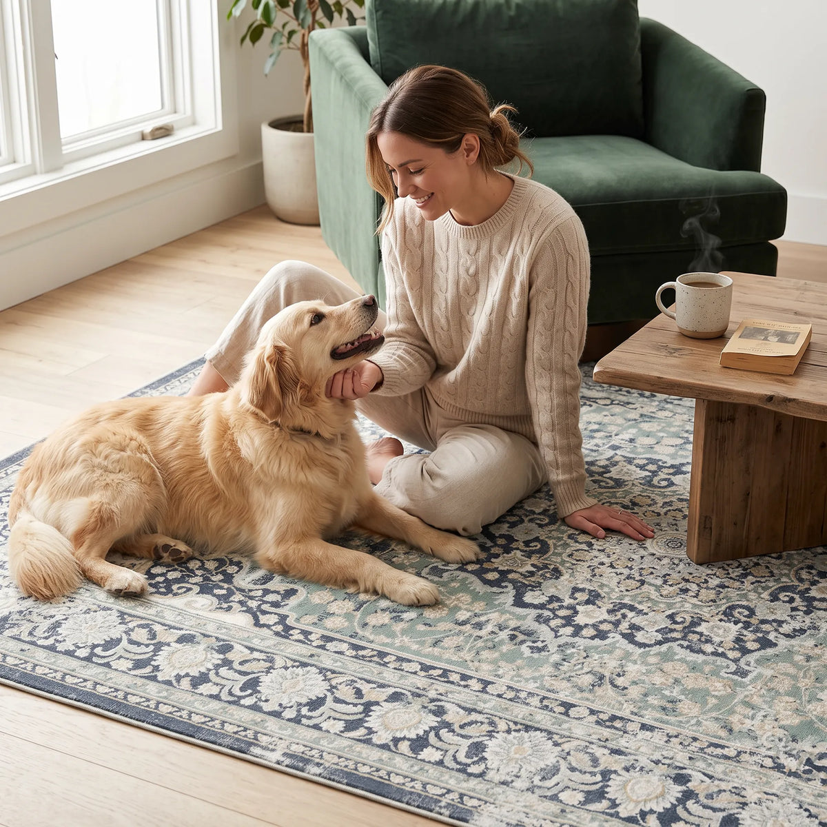 Eine Frau sitzt auf einem gemusterten Teppich in einem hellen Wohnzimmer und streichelt einen Golden Retriever. Im Hintergrund sind ein grüner Sessel, ein hölzerner Couchtisch mit einer Tasse und einem Buch sowie ein Fenster zu sehen.