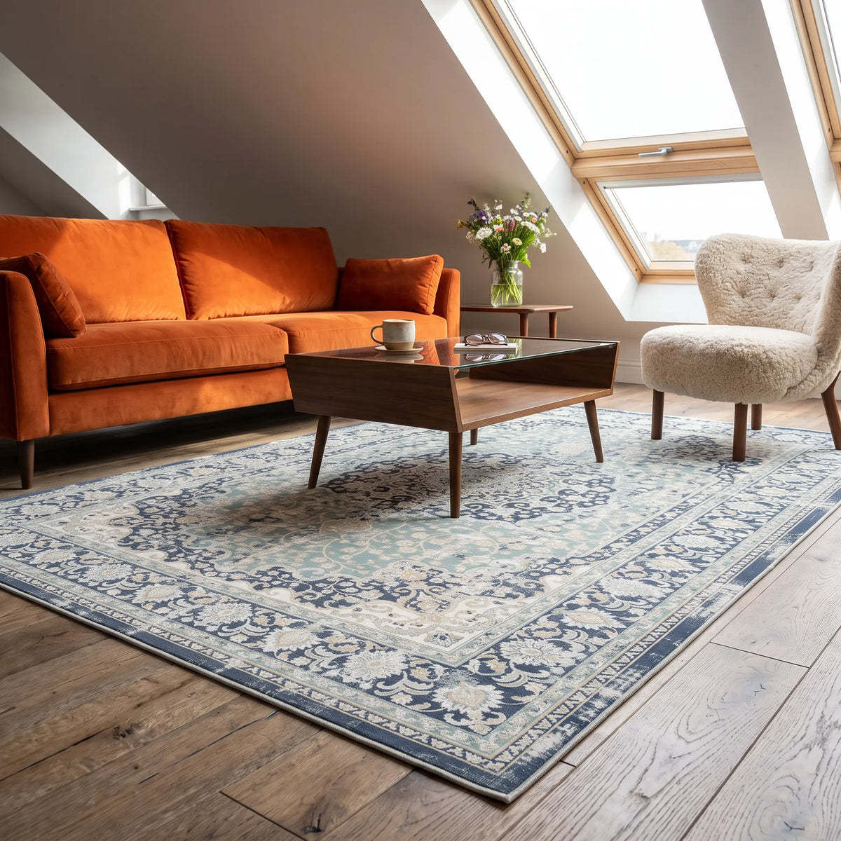 Eine stilvoll eingerichtete Wohnzimmerszene mit einem großen Teppich im traditionellen Stil mit blau-cremefarbenem Blumenmuster auf einem dunklen Holzboden, neben einem orangefarbenen Sofa, einem Couchtisch aus Holz und einem cremefarbenen Bouclé-Sessel unter einem schrägen Dachfenster.