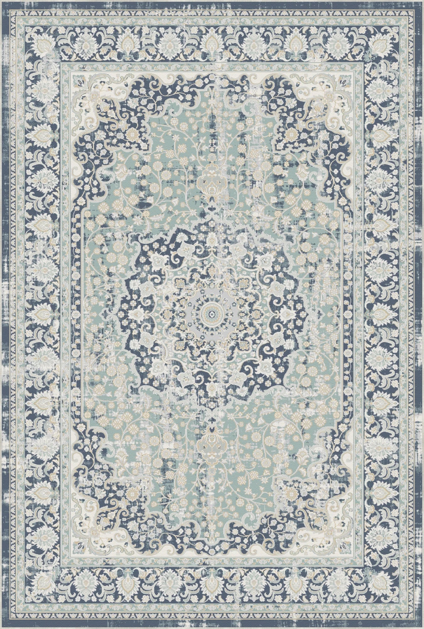 Vintage Teppich in Marineblau und Salbei