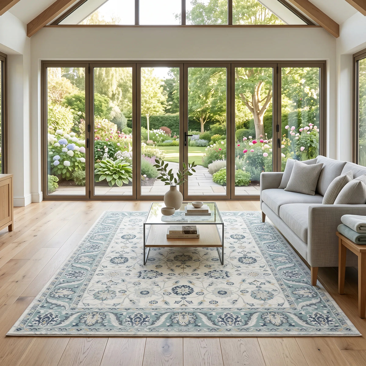 Ein großer Teppich im traditionellen Stil mit einem blau-cremefarbenen Blumenmuster liegt in einem hellen, modernen Wohnzimmer mit einem hellgrauen Sofa, einem Couchtisch aus Glas und großen bodentiefen Fenstern mit Blick auf einen üppigen grünen Garten.