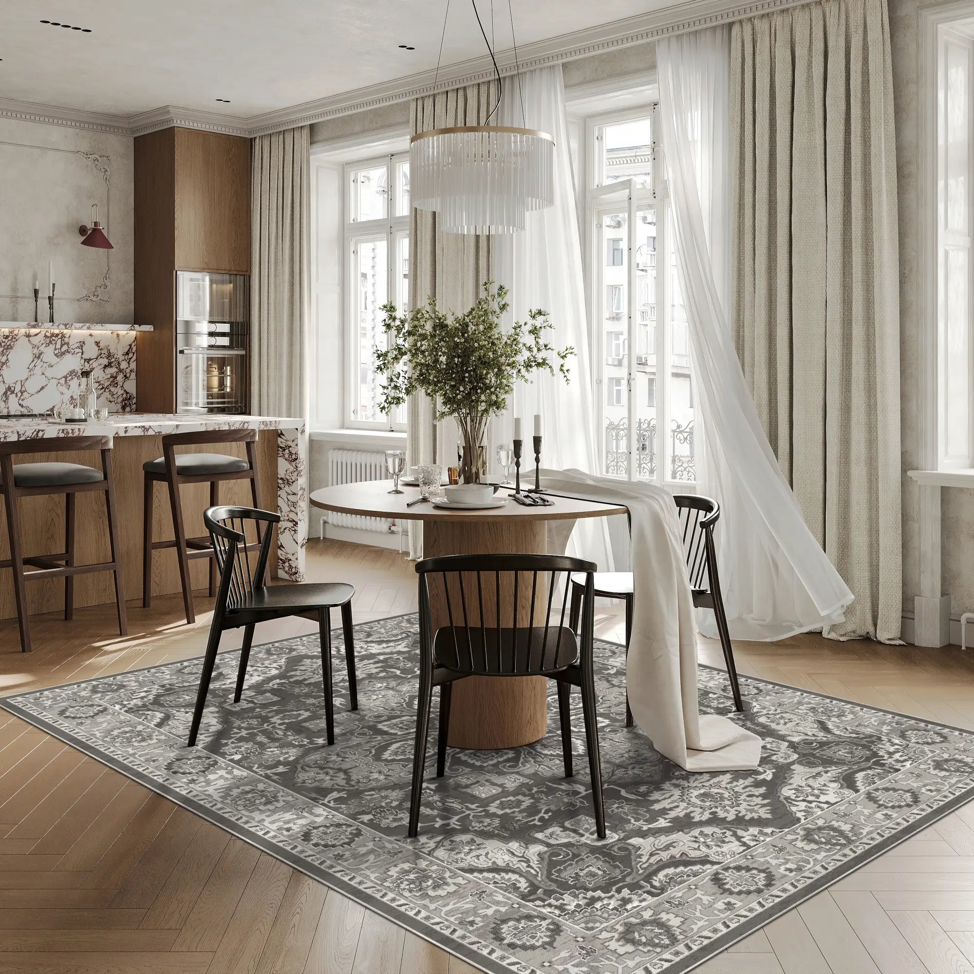Kohle- und grauer Teppich mit verziertem Medaillon- und Blumenmuster im Esszimmer