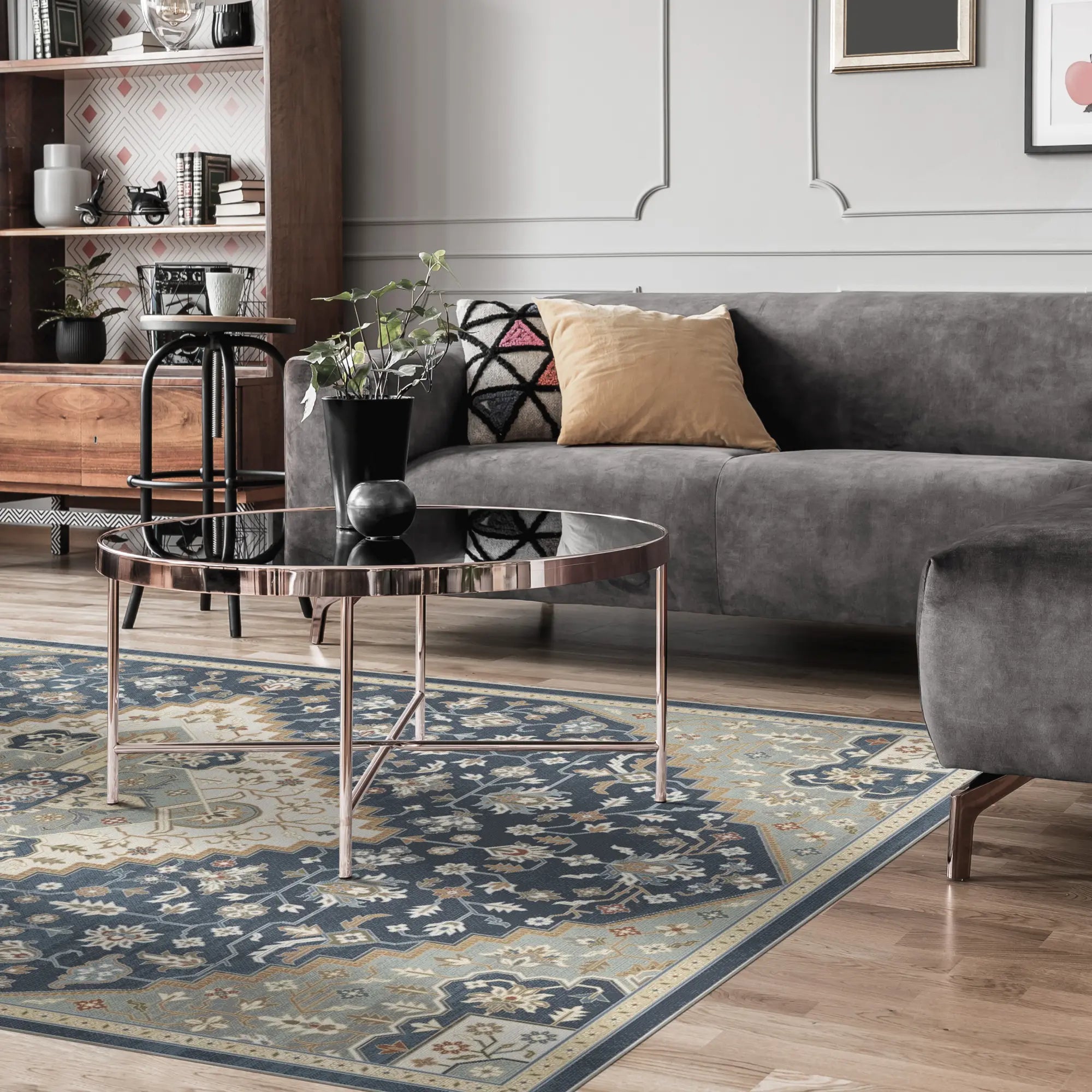 Perlmutt Blau Medaillon Teppich