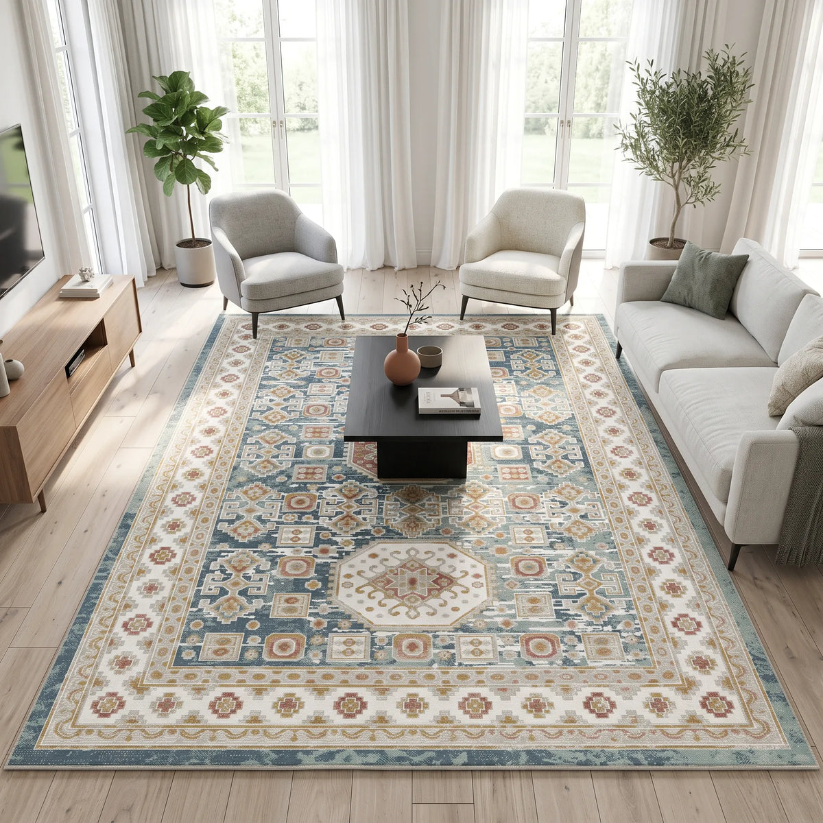 Ein großer rechteckiger Teppich mit einem kunstvollen traditionellen Medaillonmuster in Blau, Beige und Creme, präsentiert in einem hellen, modernen Wohnzimmer mit Sofa, Sesseln und Couchtisch.