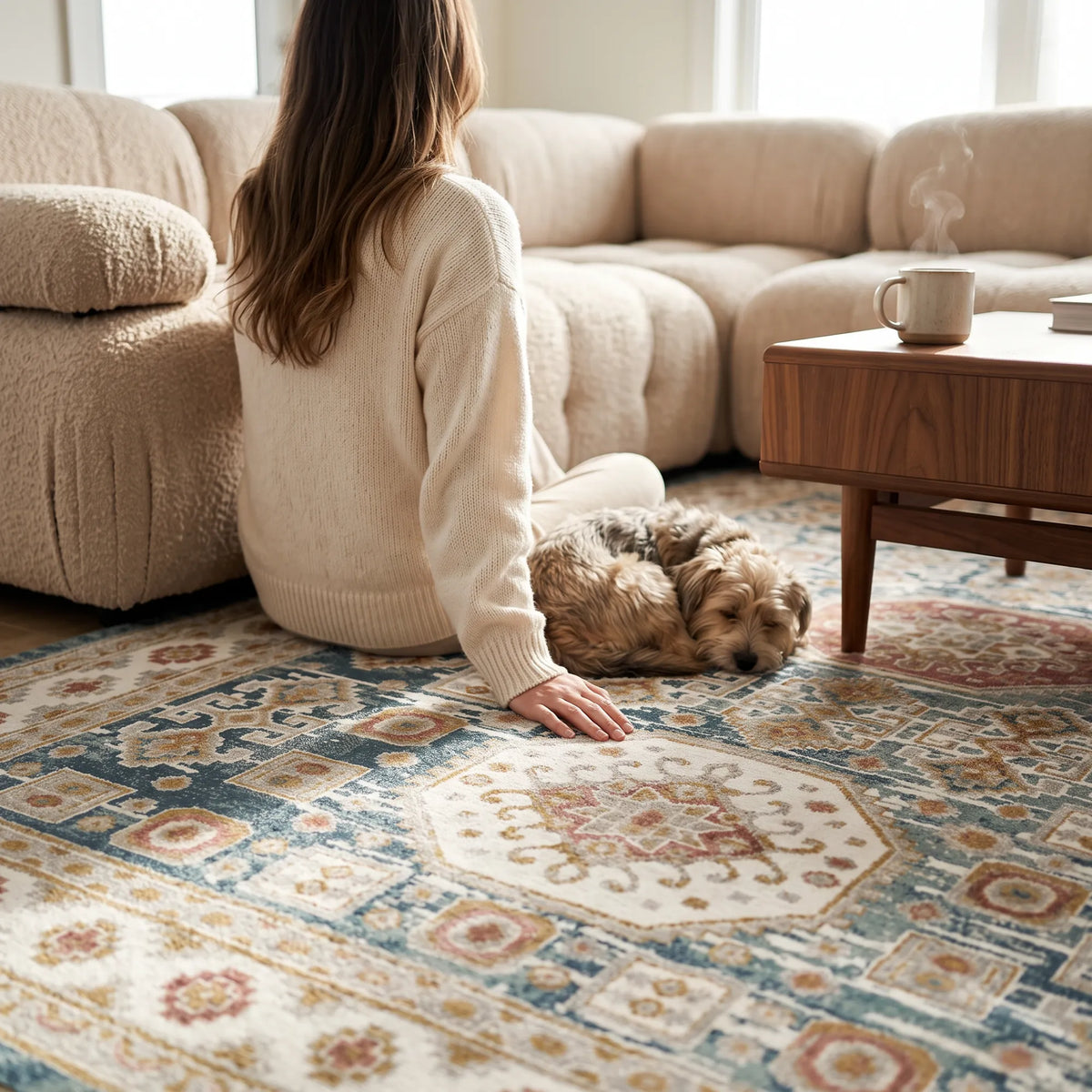 Ein traditioneller grüner und beiger Teppich in einem Wohnzimmer und eine Frau, die mit ihrem Hund auf dem Teppich sitzt. Darauf stehen ein Couchtisch und eine Tasse Kaffee.