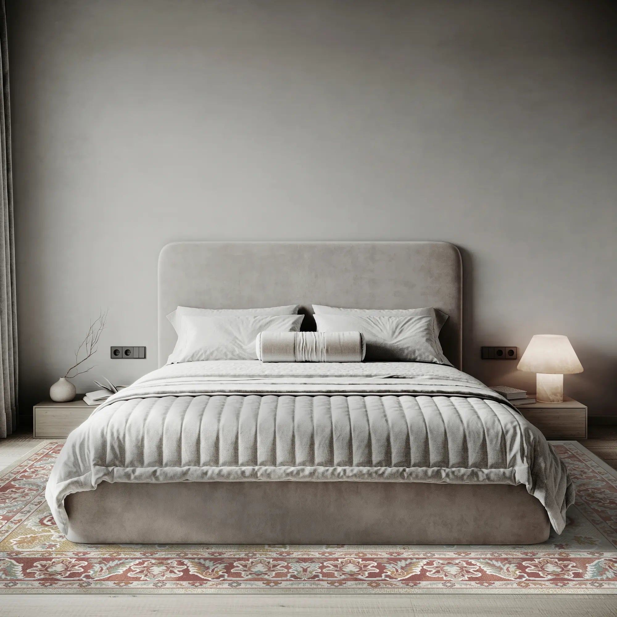 Läuferteppich mit Terrakotta-, Creme- und Grün-Treppenmuster unter dem Bett