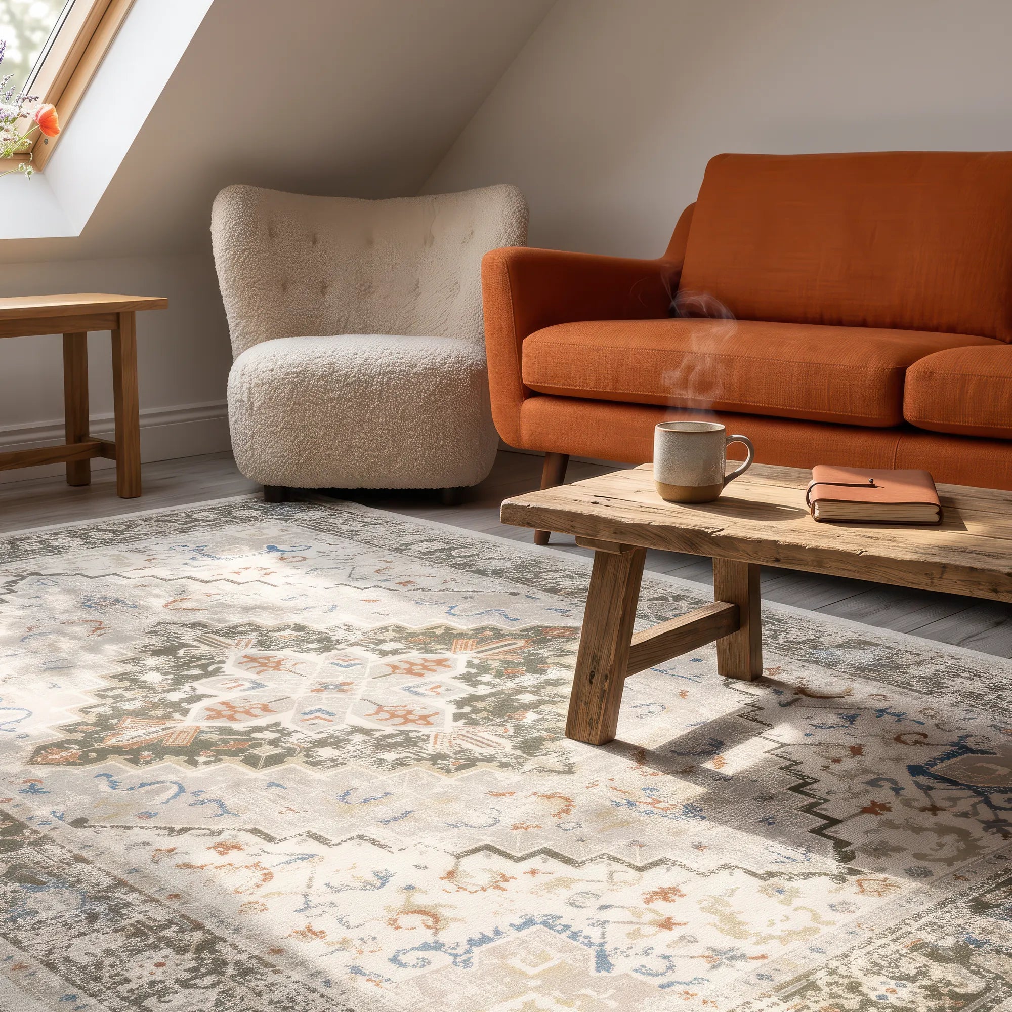 Ein großer grüner Teppich im traditionellen Stil mit einem aufwendigen mehrfarbigen Blumen- und geometrischen Muster in Beige-, Blau-, Orange- und Grüntönen, arrangiert in einem gemütlichen Wohnzimmer im Dachgeschoss mit einem orangefarbenen Sofa, einem cremefarbenen Bouclé-Sessel und einem rustikalen Couchtisch aus Holz.