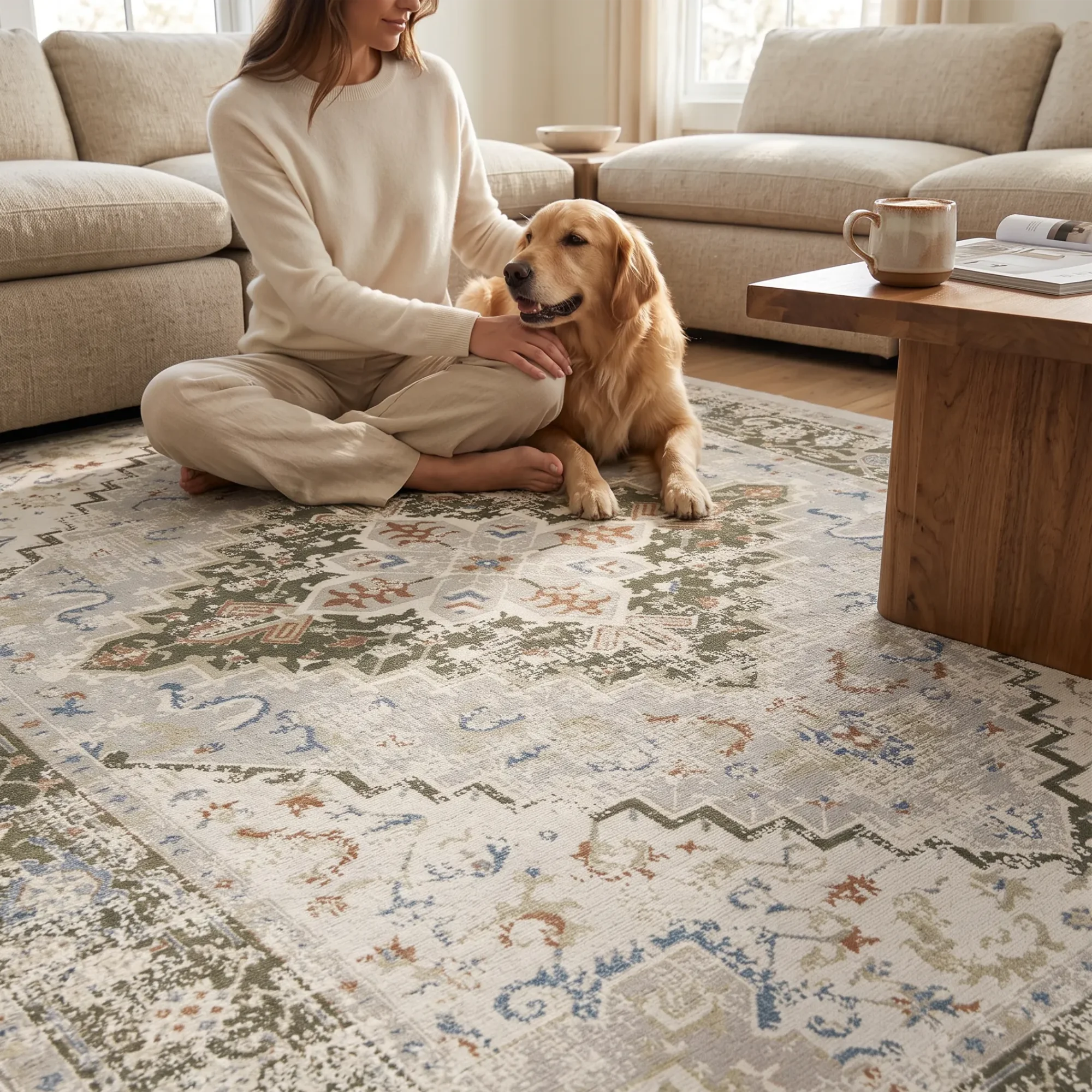 Eine Frau in einem cremefarbenen Pullover und einer cremefarbenen Hose sitzt im Schneidersitz auf einem großen Teppich im Vintage-Stil. Neben ihr sitzt ein Golden Retriever in einem hellen Wohnzimmer. Der Teppich weist ein abgenutztes traditionelles Muster in Beige-, Blau-, Grün- und Rosttönen auf.