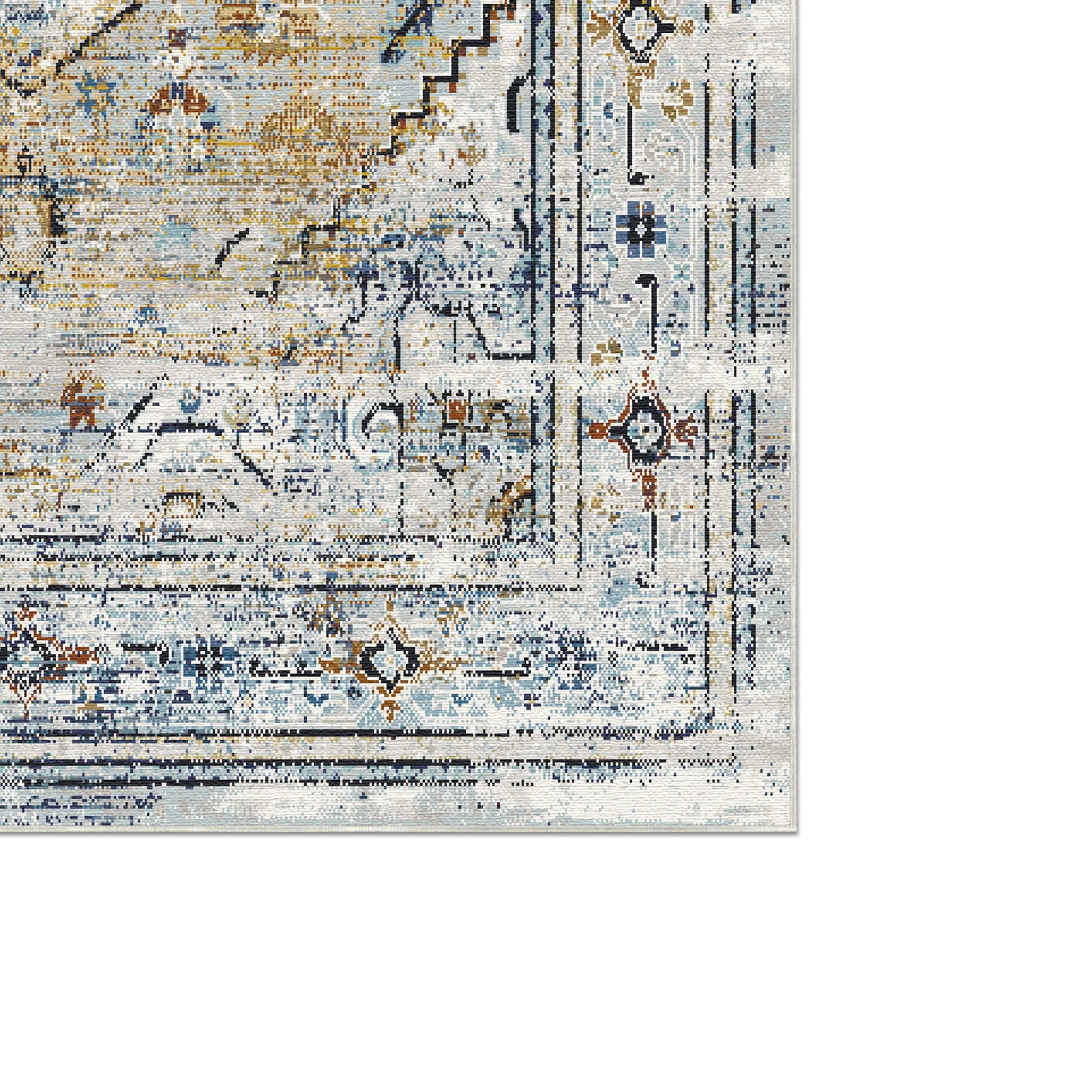 Verwitterter Blauer Geometrischer Medaillon Teppich