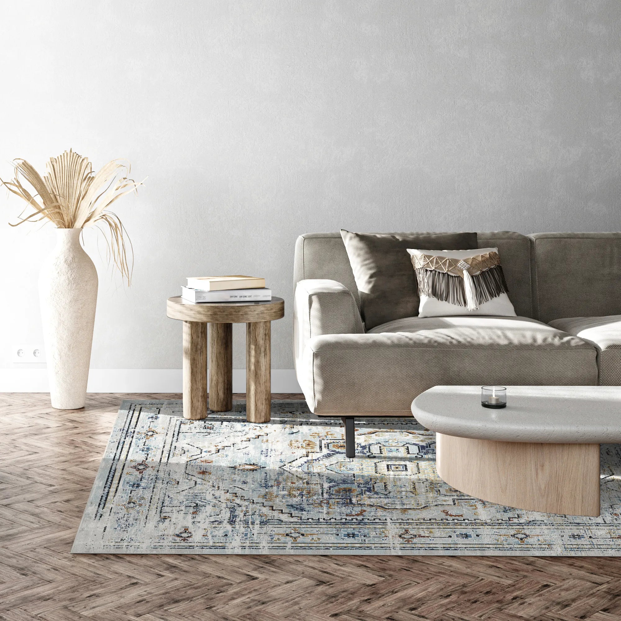 Verwitterter Blauer Geometrischer Medaillon Teppich