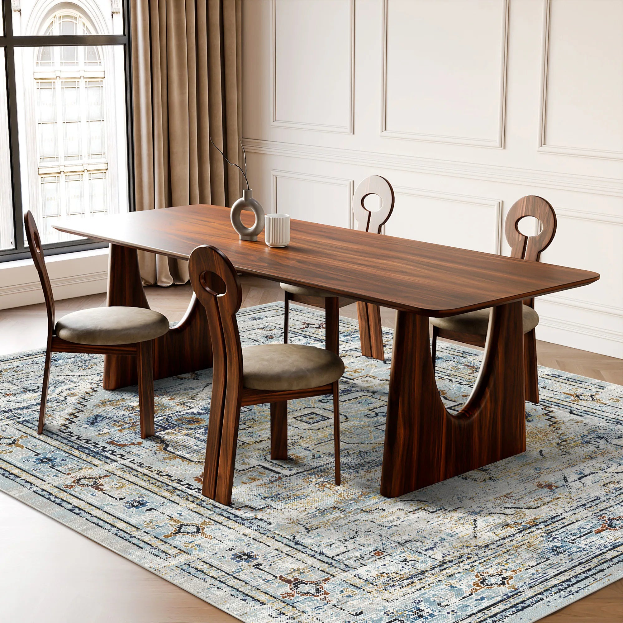 Verwitterter Blauer Geometrischer Medaillon Teppich