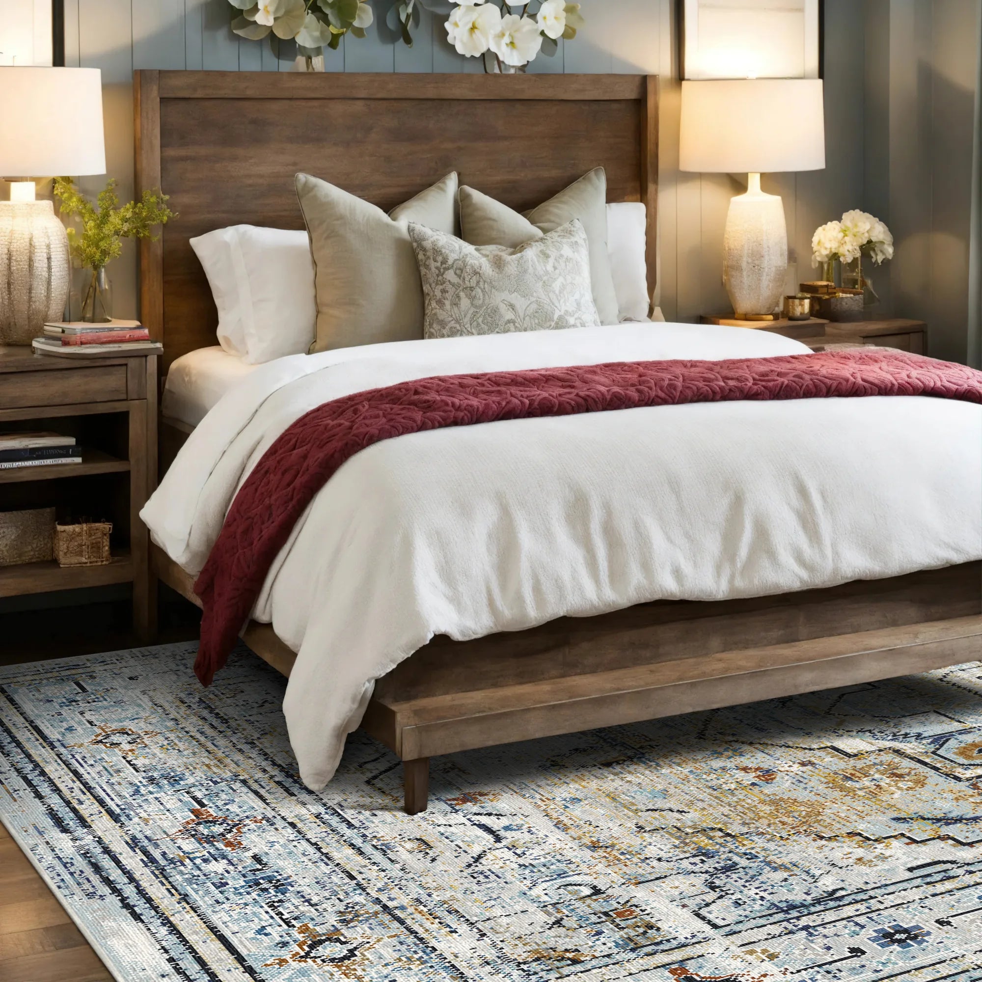 Verwitterter Blauer Geometrischer Medaillon Teppich