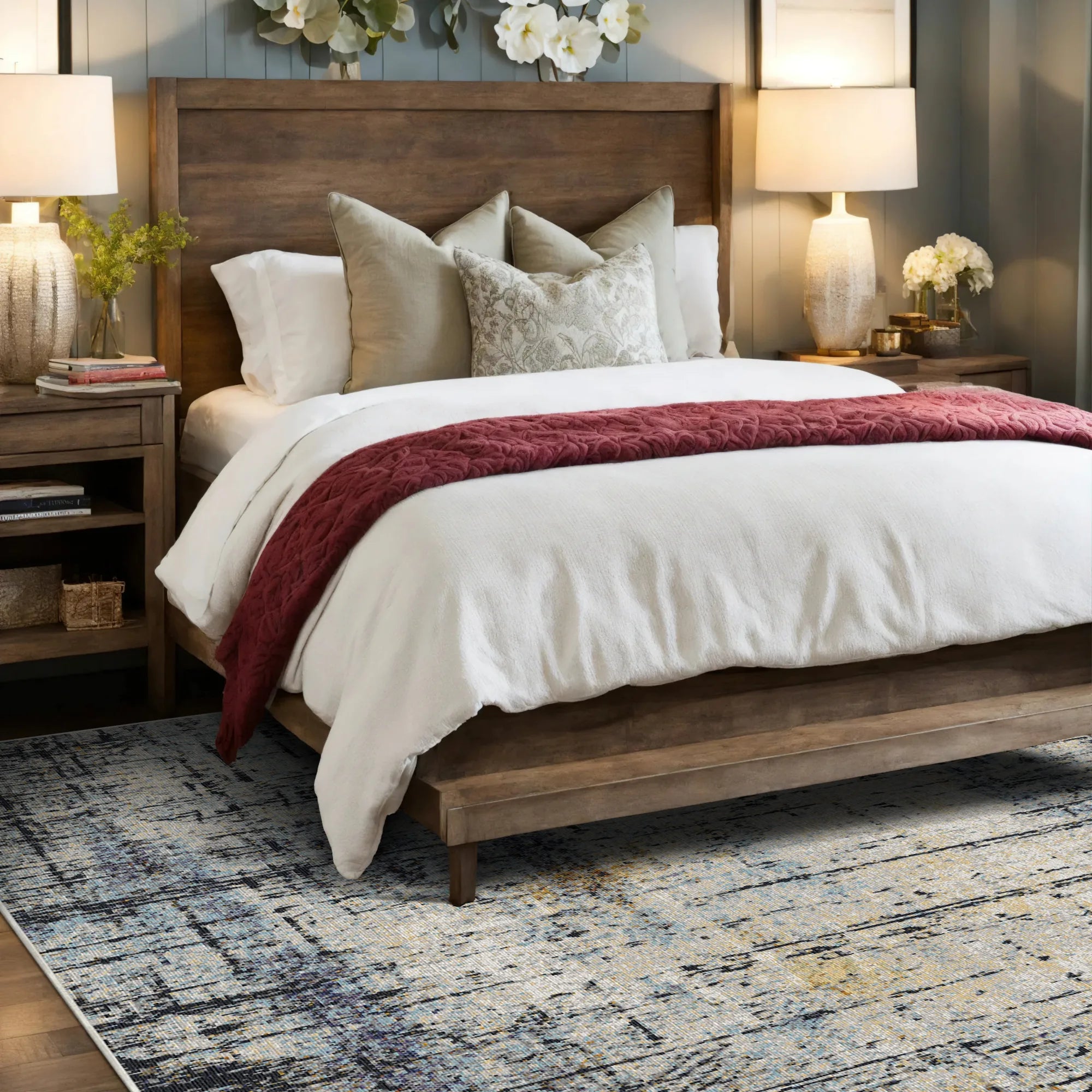 Vintage Blauer Teppich mit Floralem Rankenmuster