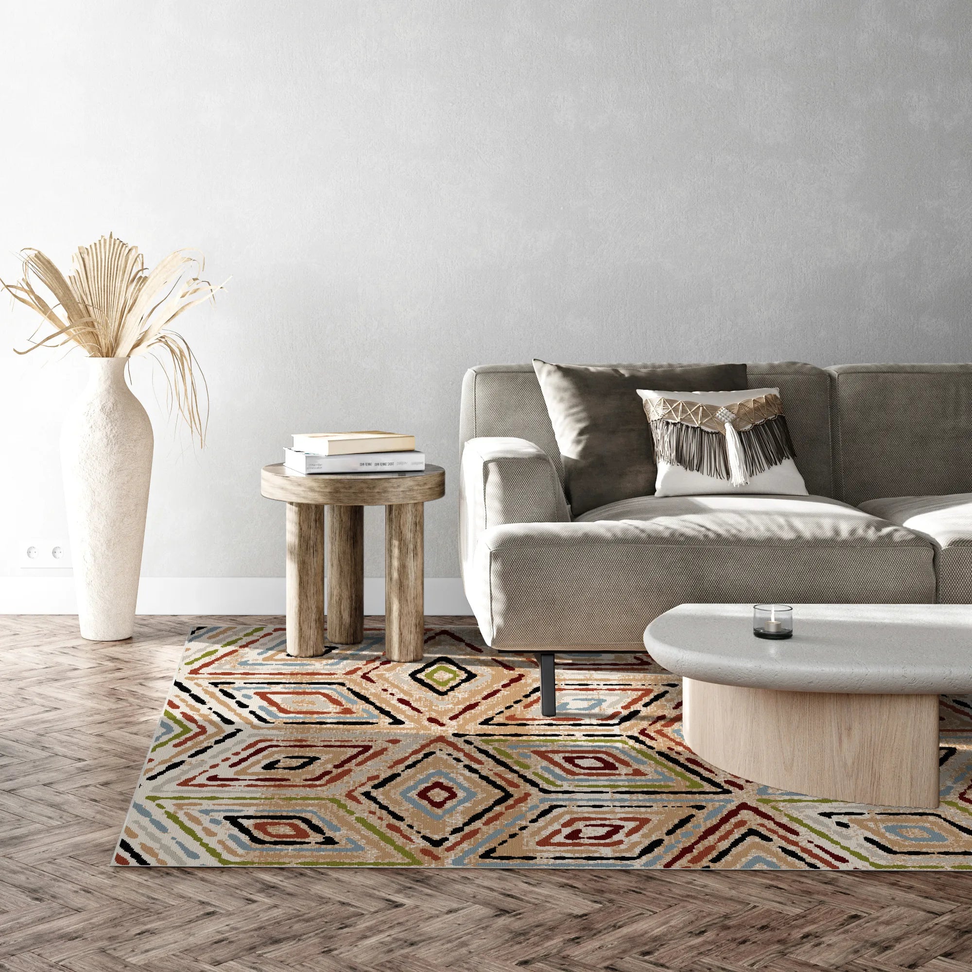 Lebhafter Boho Teppich mit Geometrischem Rautenmuster