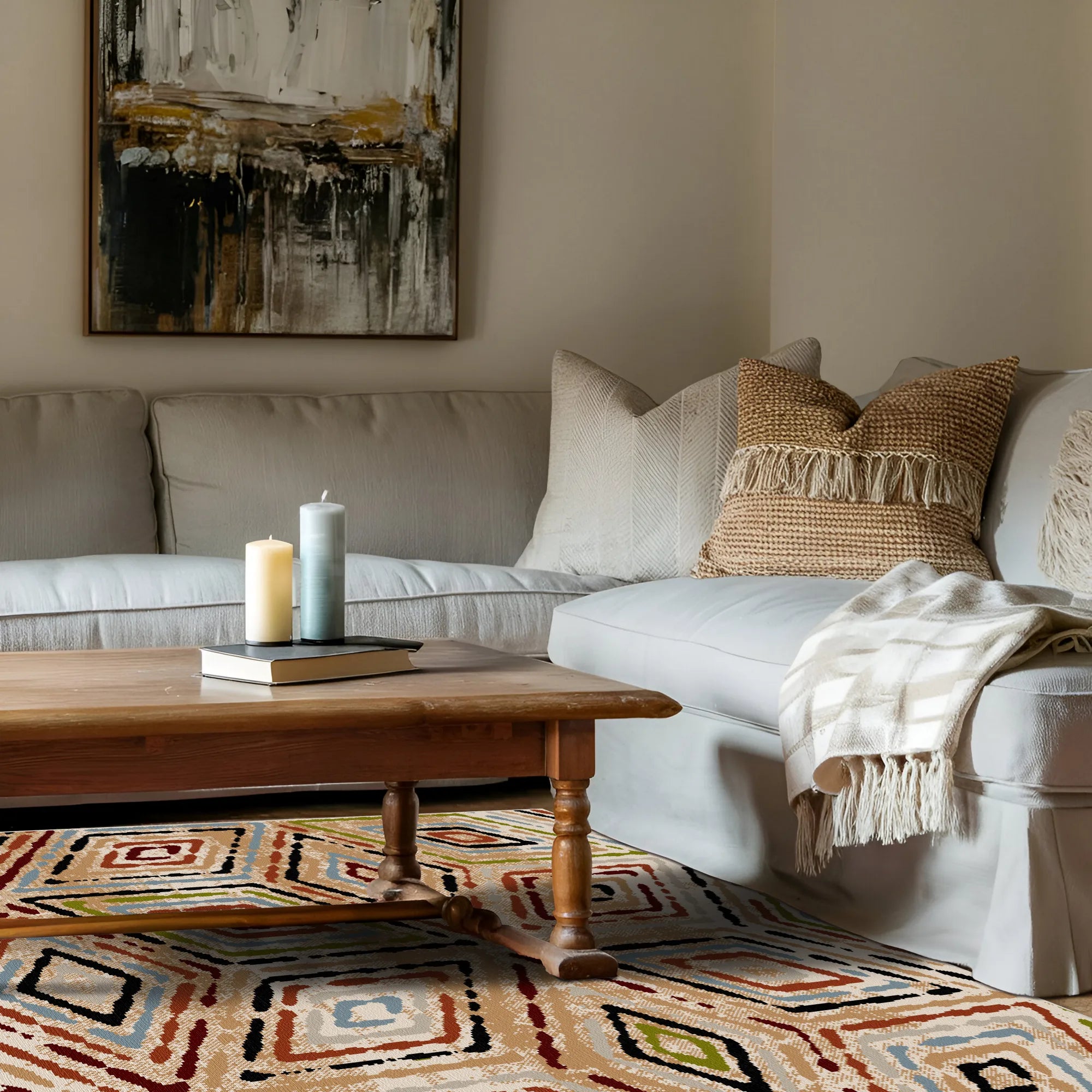 Lebhafter Boho Teppich mit Geometrischem Rautenmuster