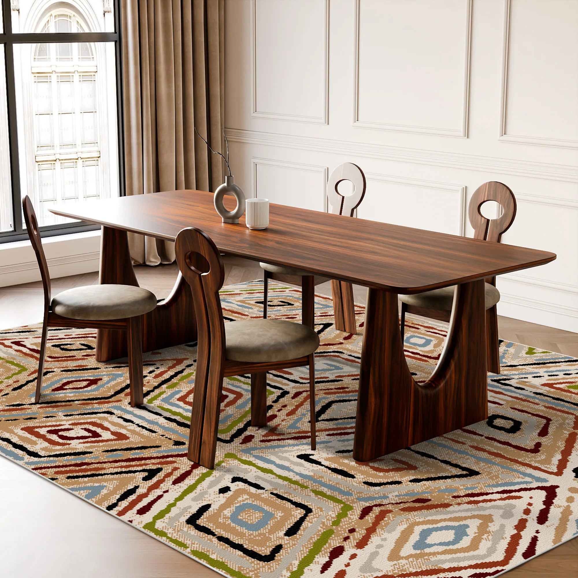 Lebhafter Boho Teppich mit Geometrischem Rautenmuster