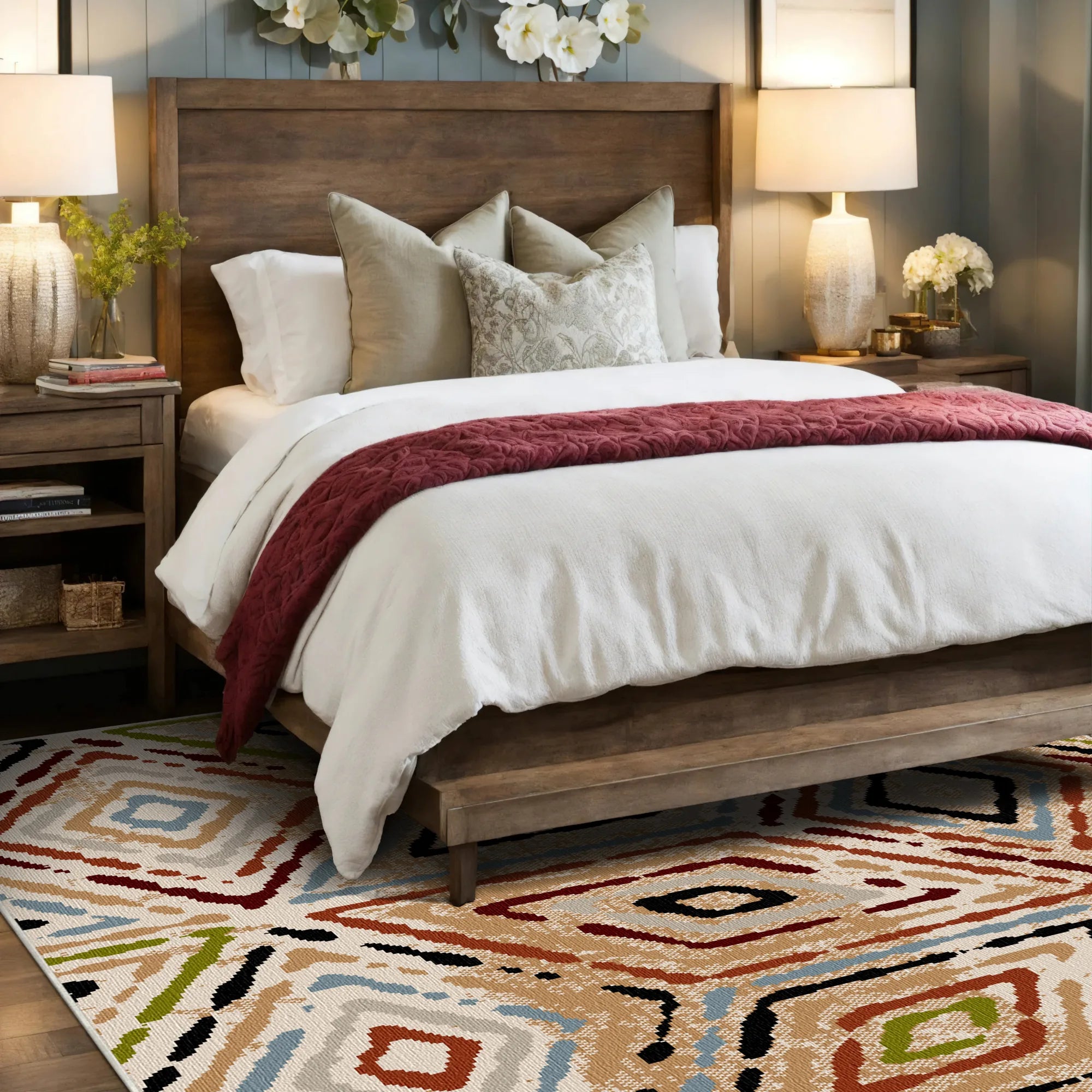 Lebhafter Boho Teppich mit Geometrischem Rautenmuster