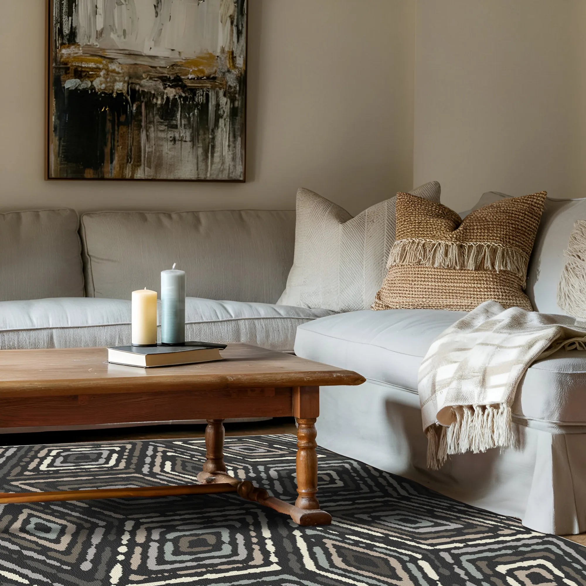 Moderner Anthrazit Farbener Ethno Diamant Teppich