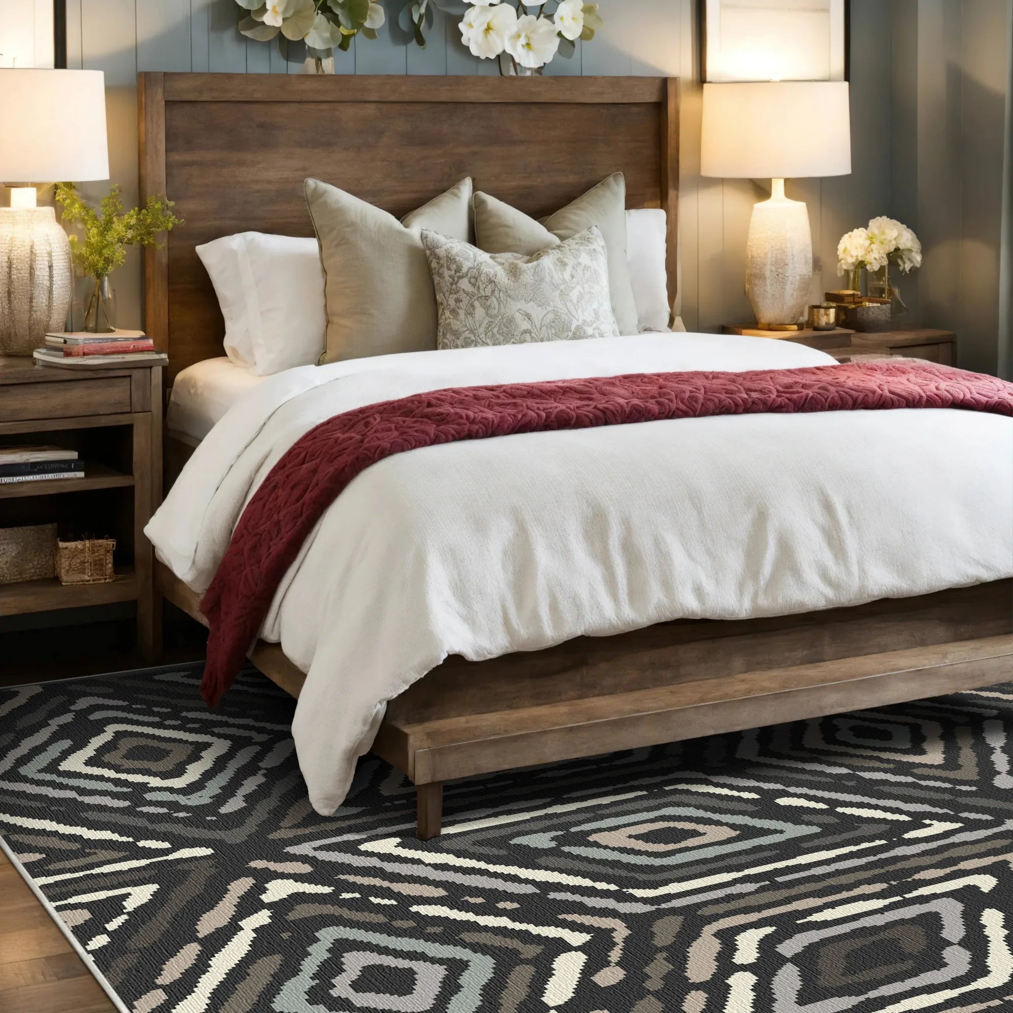 Moderner Anthrazit Farbener Ethno Diamant Teppich