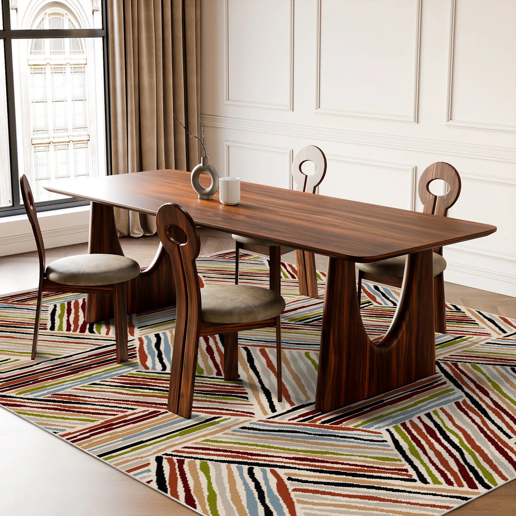 Eklektischer Mehrfarbiger Linearer Geometrischer Teppich