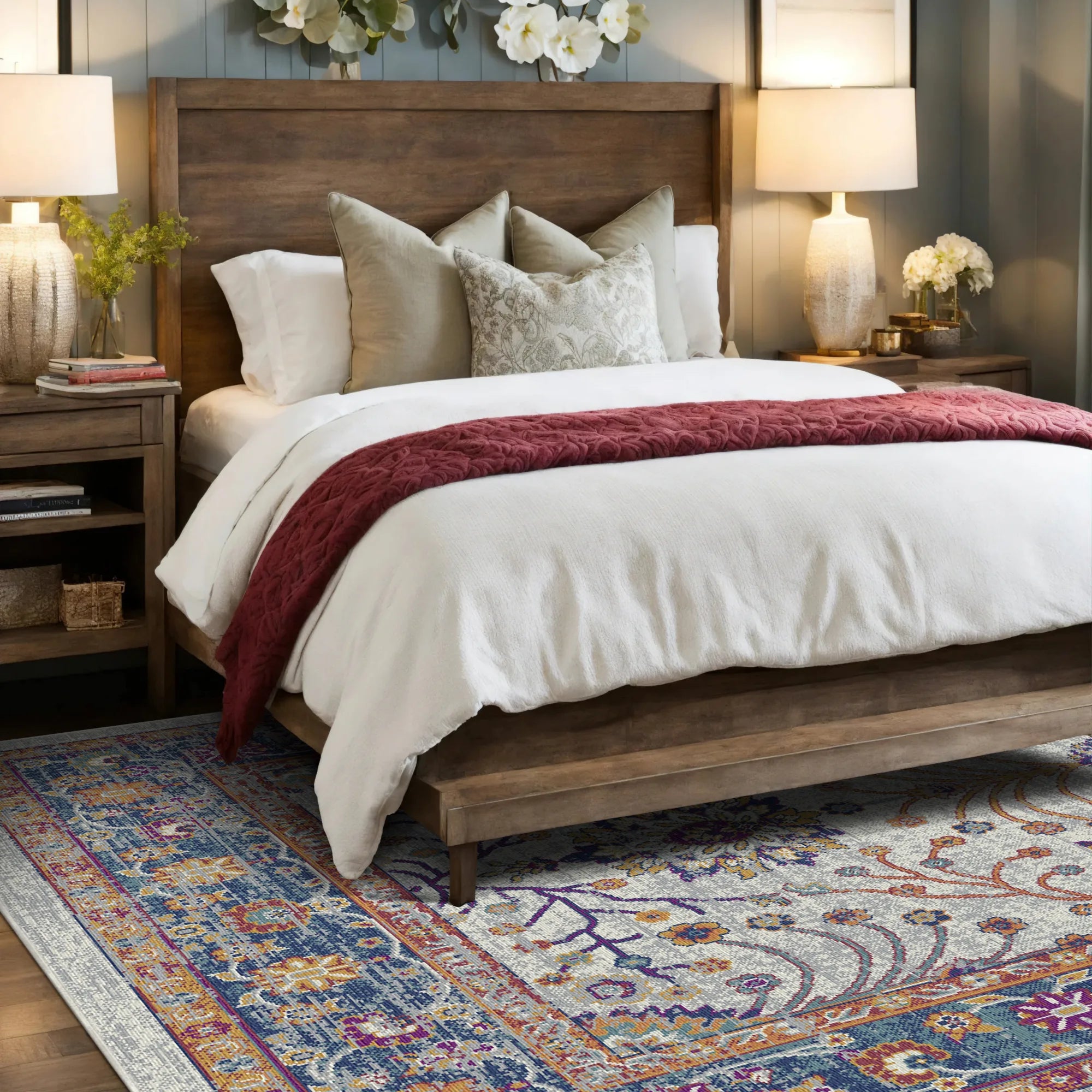 Elara Marineblau Grauer Blumenteppich