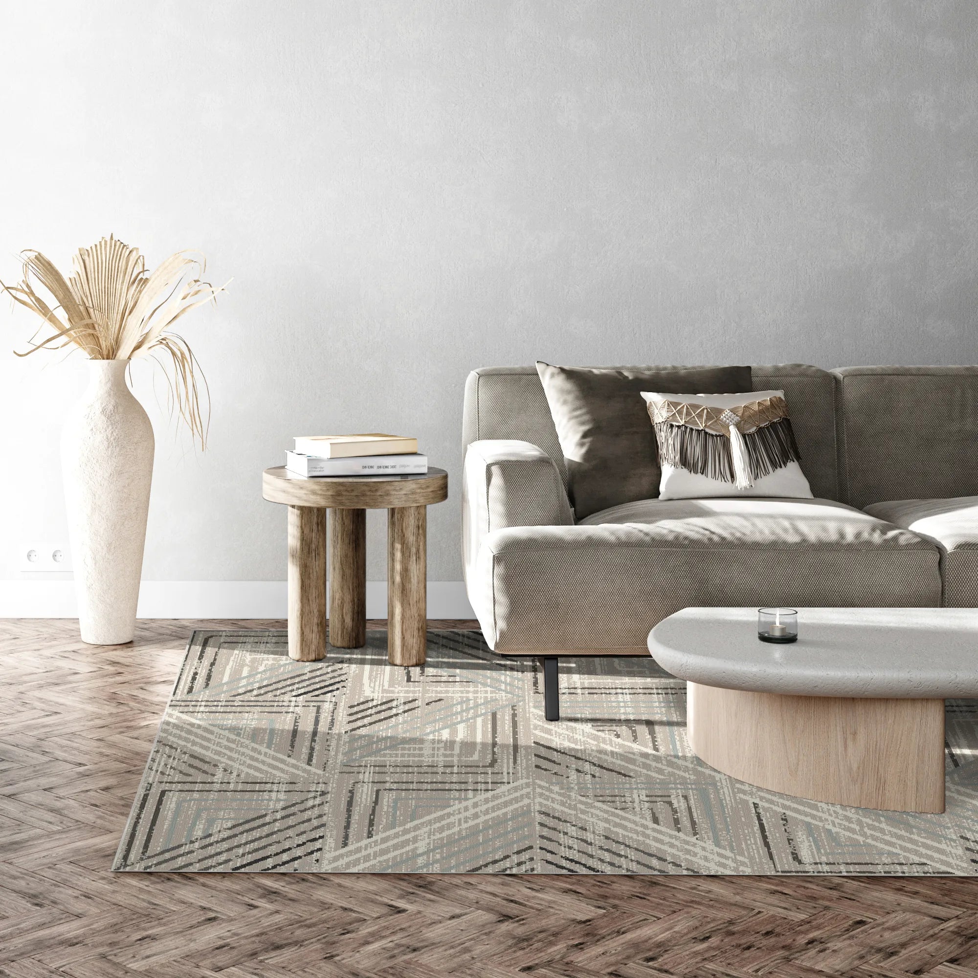 Taupefarbener Geometrischer Waschbarer Teppich Labyrinth