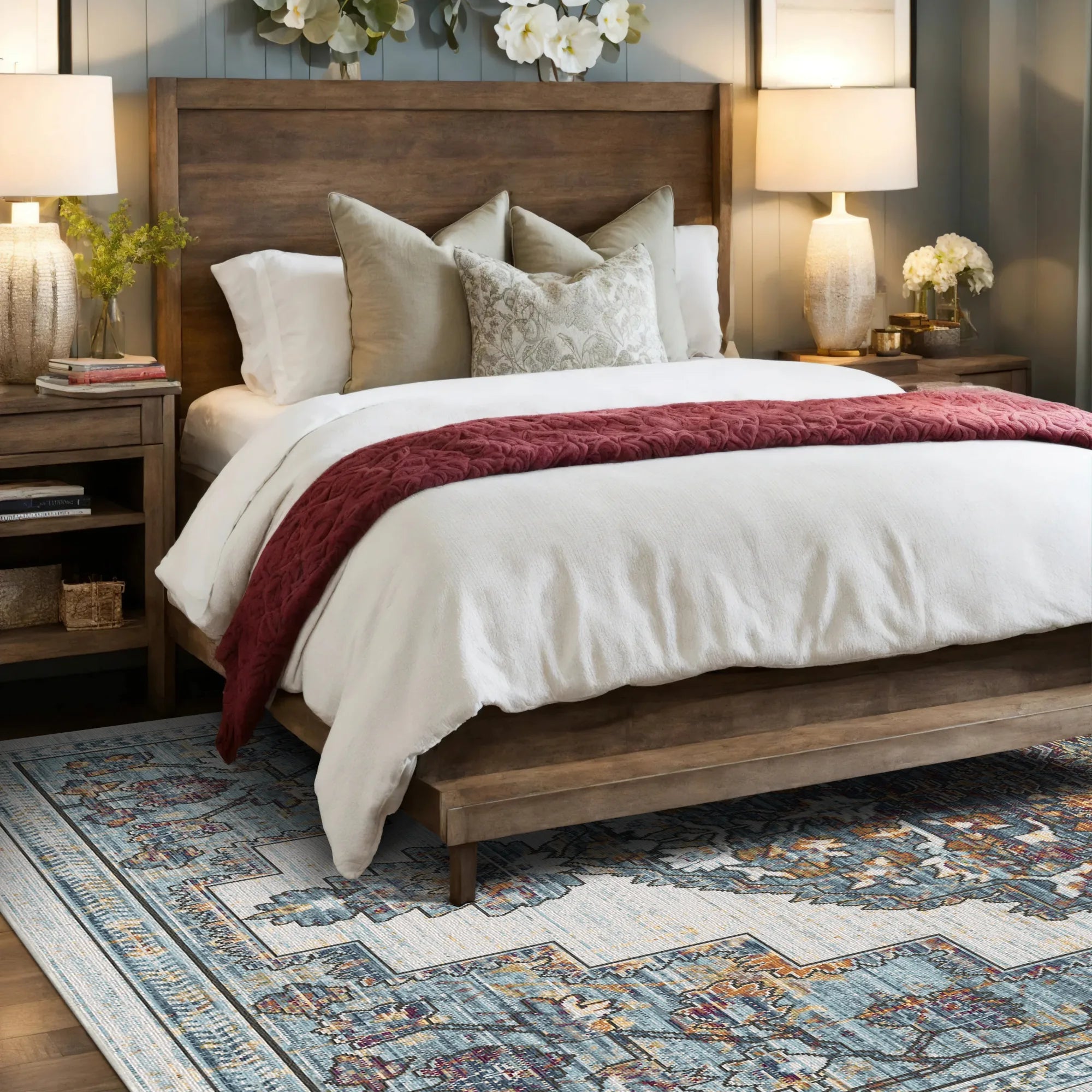 Vergoldeter Indigoblauer Stufenmedaillon Teppich