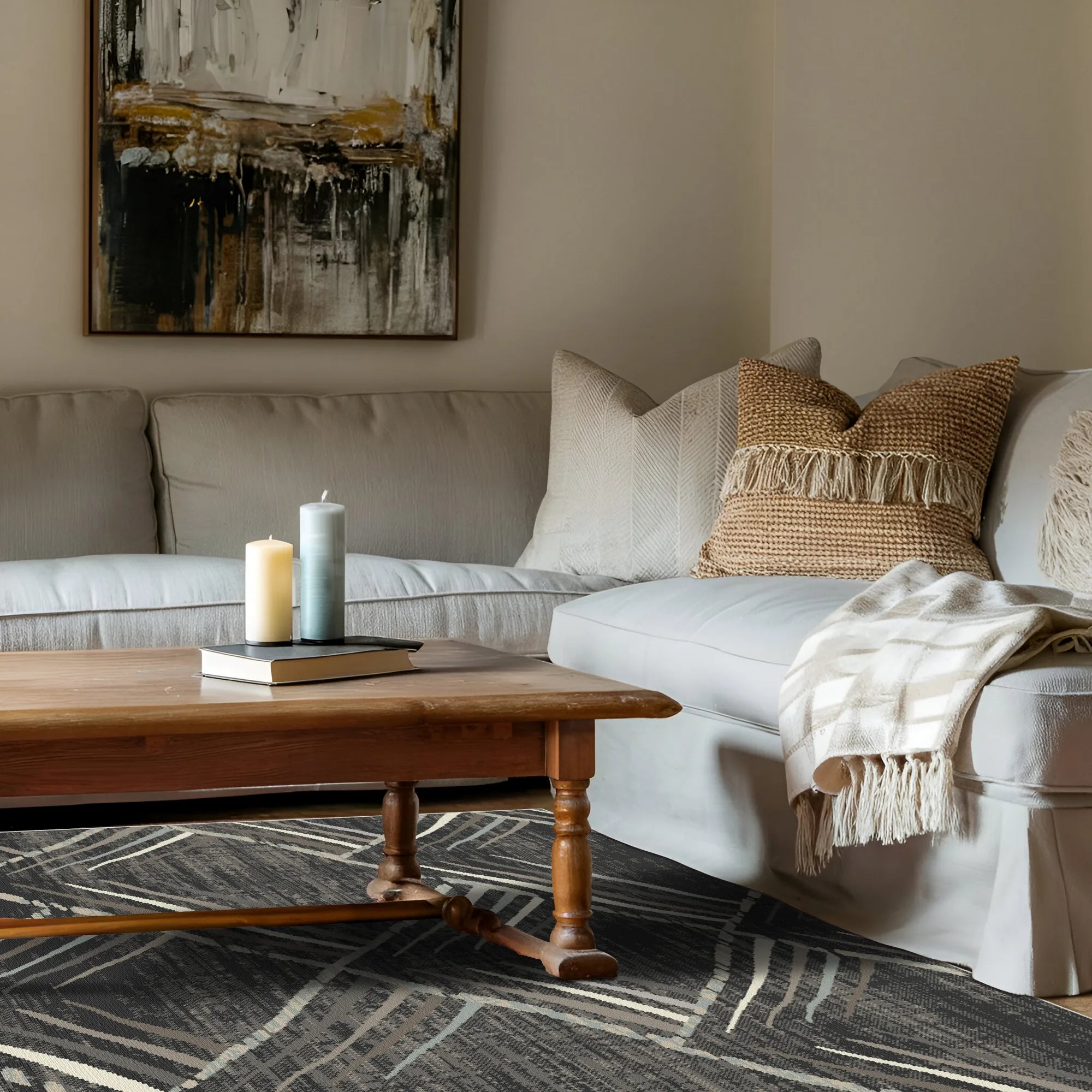 Waschbarer Teppich mit Geometrischem Graphitmuster