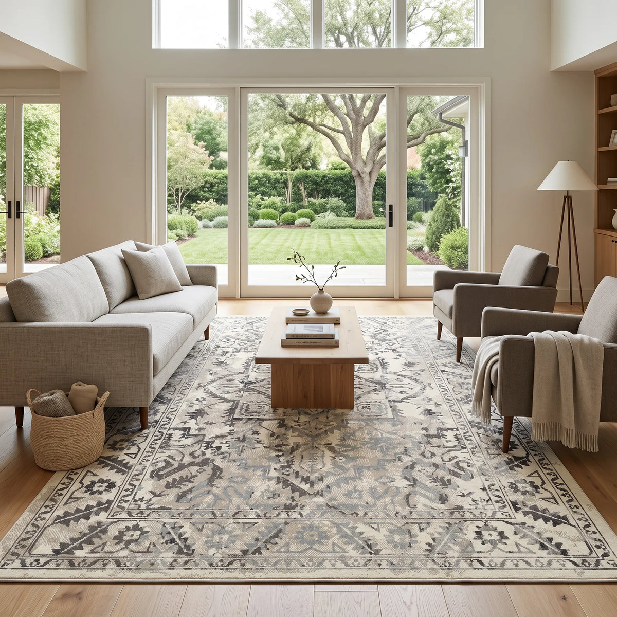 Ein großer, traditionell gestalteter Teppich in Beige-, Grau- und Cremeweißtönen liegt in einem hellen, modernen Wohnzimmer mit einem hellgrauen Sofa, zwei Sesseln, einem Couchtisch aus Holz und großen Fenstern mit Blick auf einen grünen Garten.