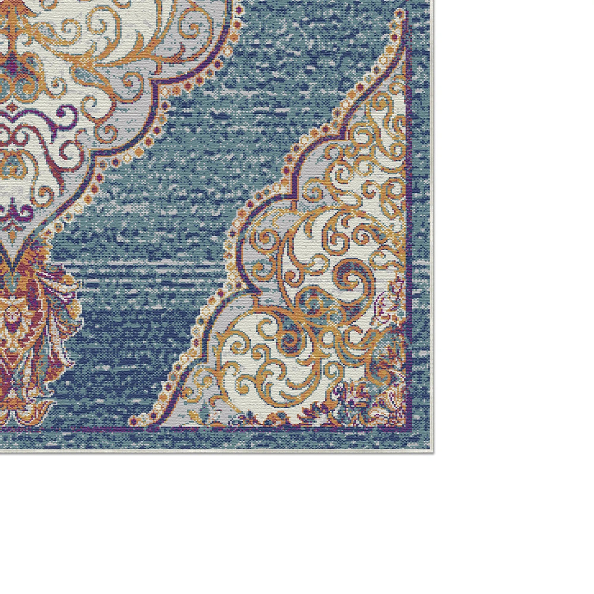 Medaillonteppich mit Indigo Rollwerk