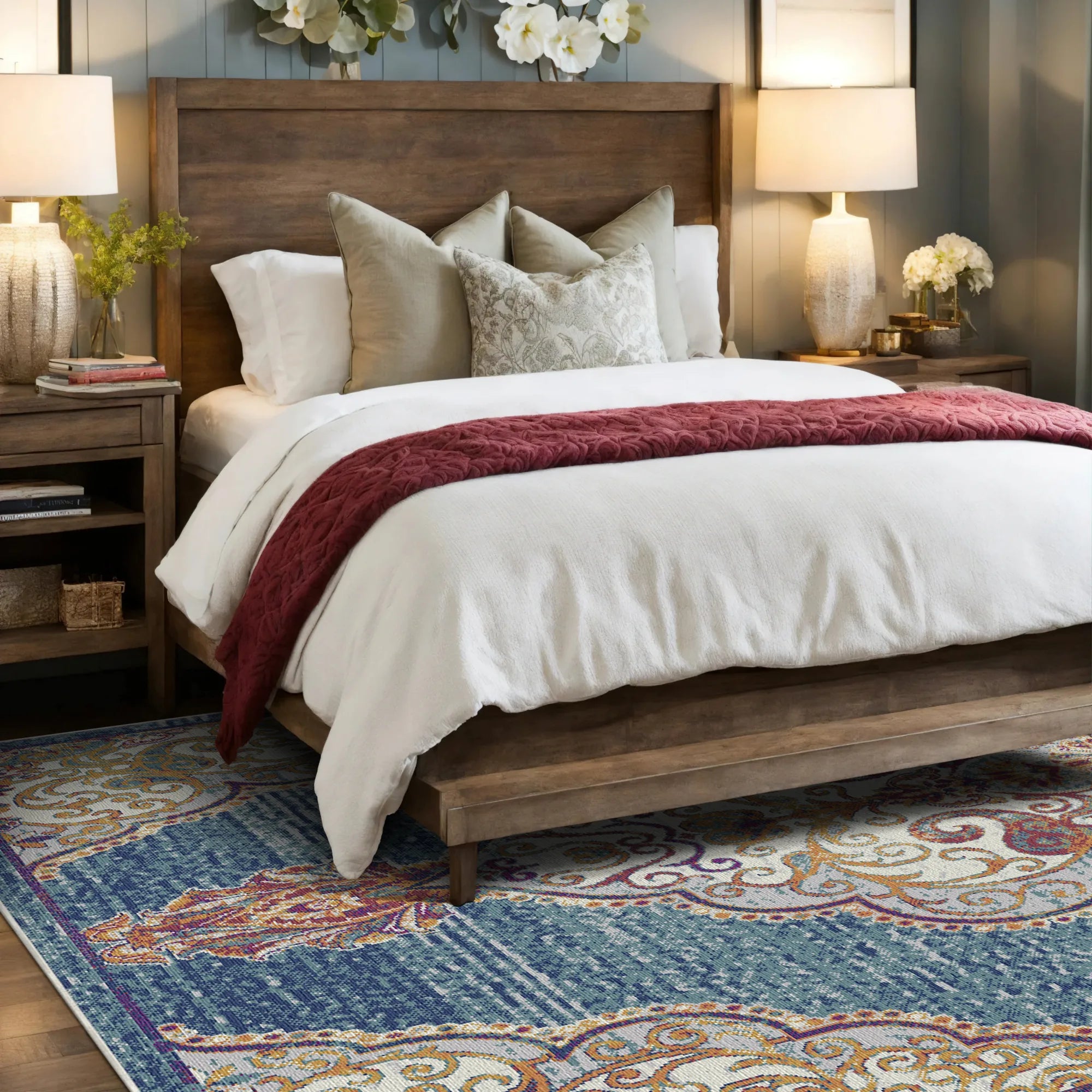 Medaillonteppich mit Indigo Rollwerk